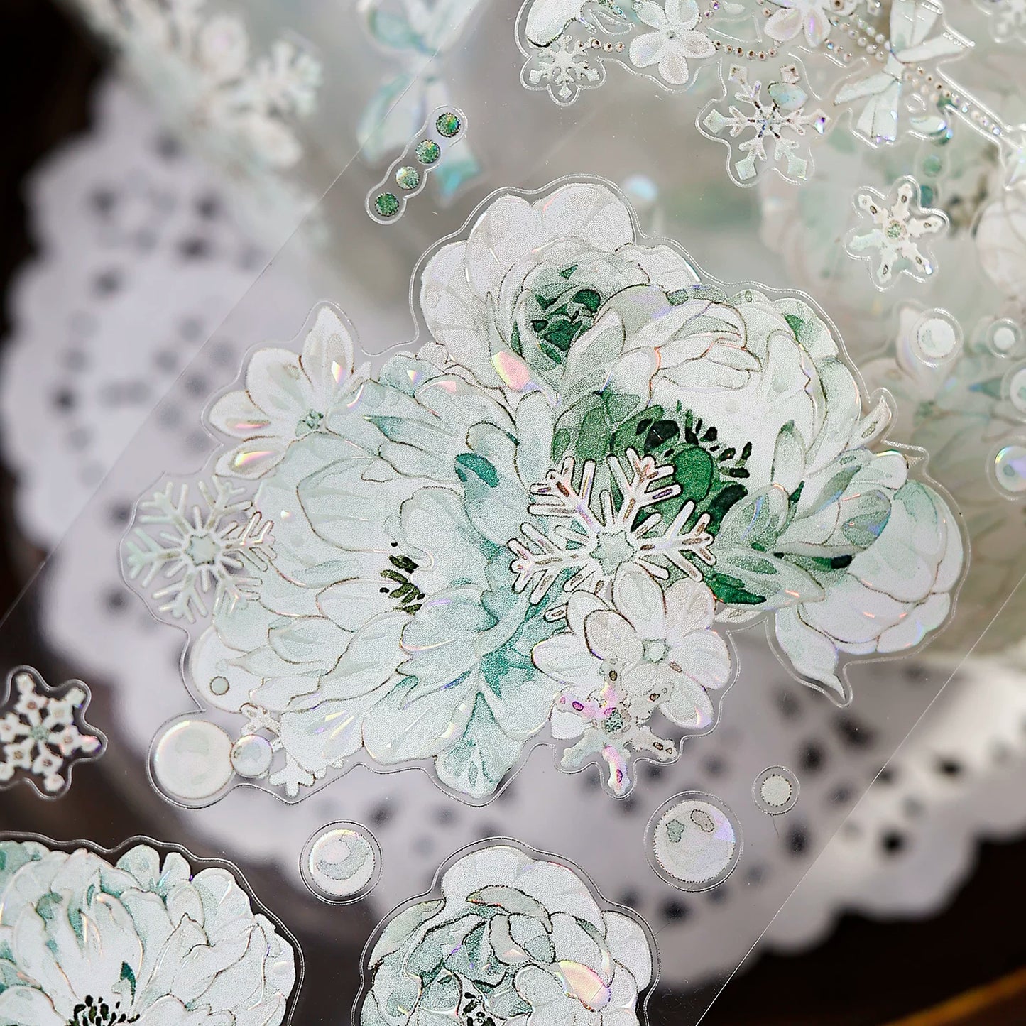 XiaoBaiJia Salt Series【Peppermint Ice】Pre-cut Orginal Design Light Retro Blue and Green Floral Pattern Washi/Pet Tape Light Retro Stickers