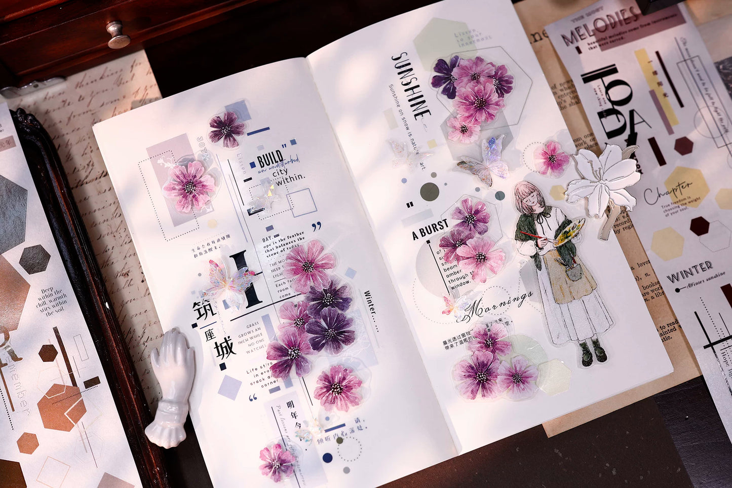 XiaoBaiJia【Geometric Set】Pre-cut Text Line Base Orginal Design Washi Pet Tape Light Retro Stickers
