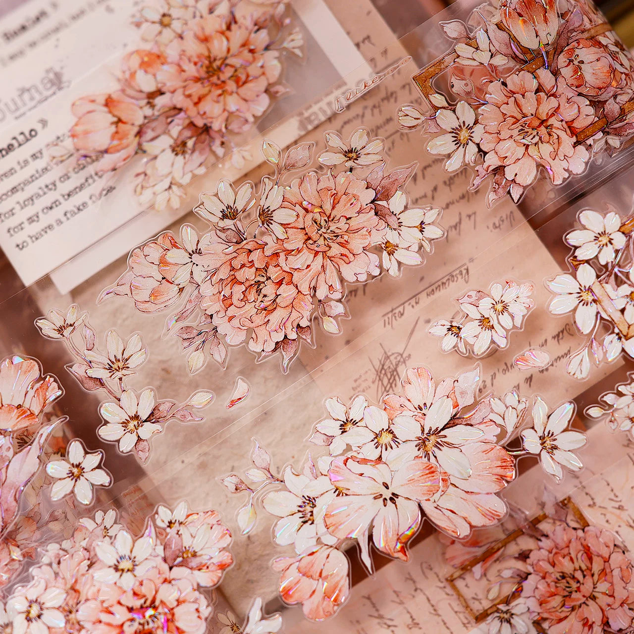 XiaoBaiJia Salt Series【Orange Shadow】Pre-cut Orginal Design Vintage Peony Flowers Washi/Pet Tape Light Retro Stickers