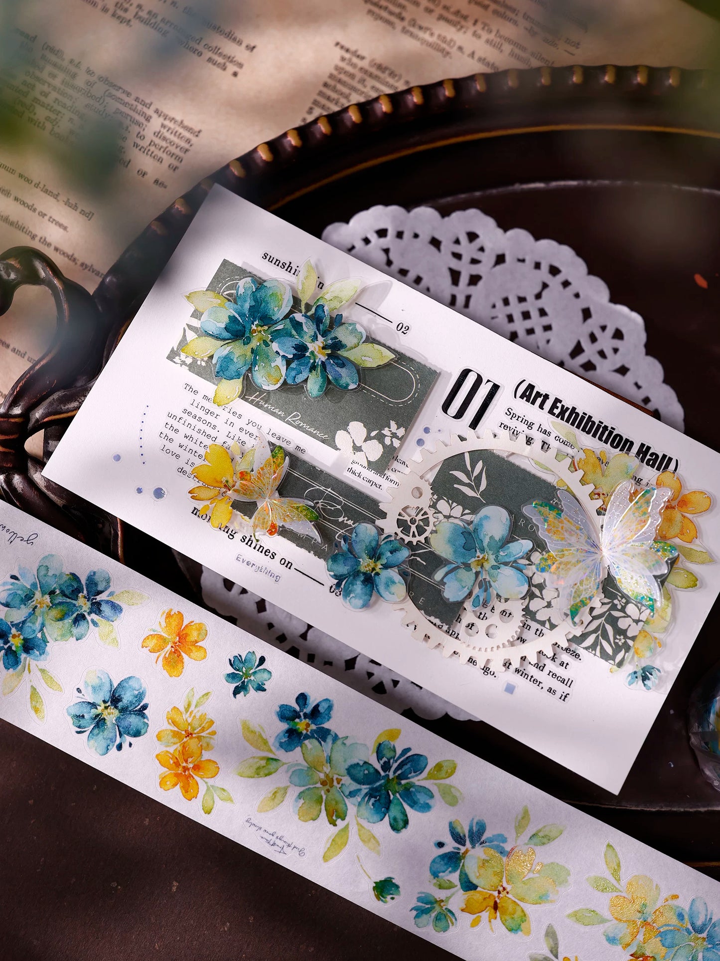 XiaoBaiJia【Picking Up Blue】Pre-cut Floral Orginal Design Washi Pet Tape Light Retro Stickers
