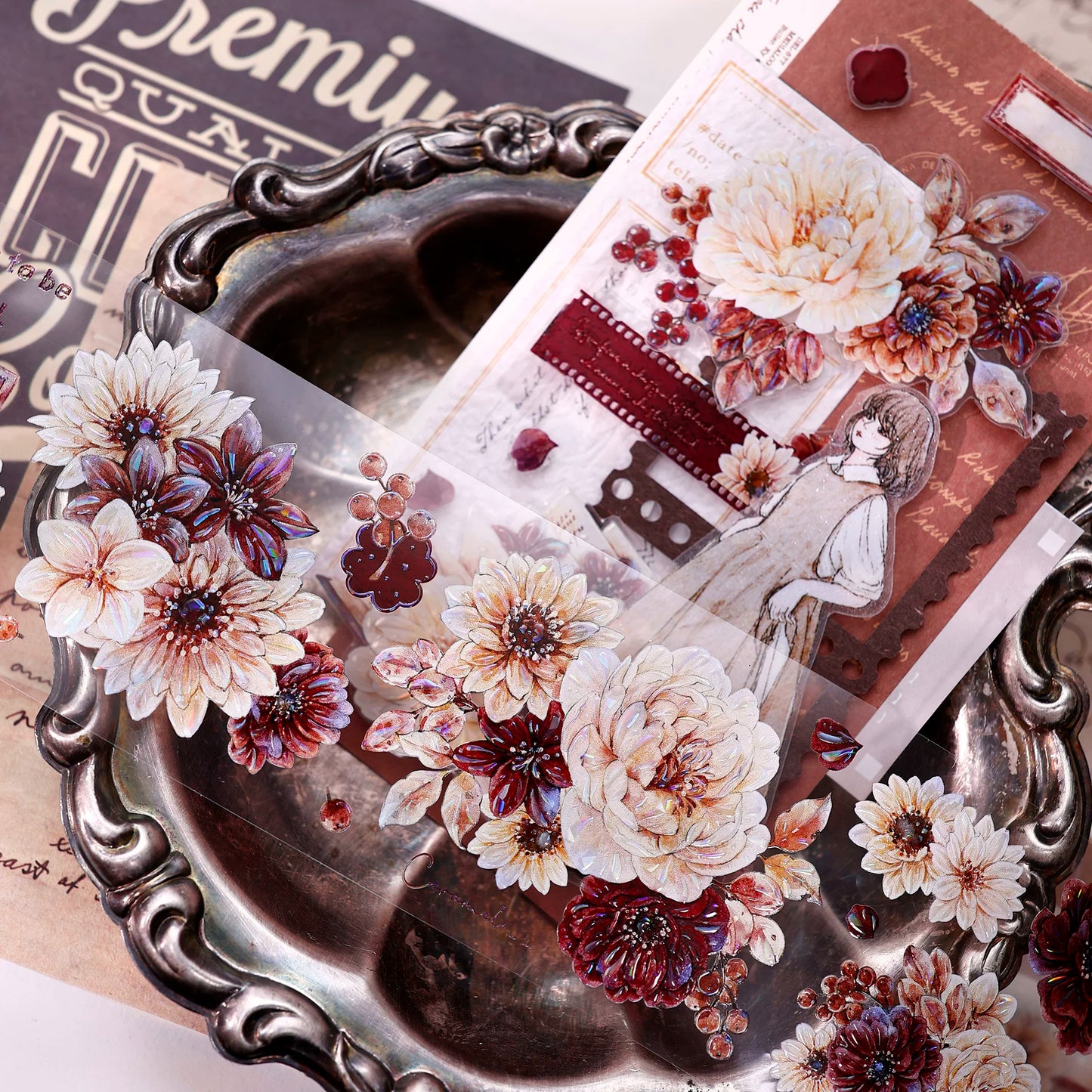 XiaoBaiJia【Peony Shadow Flower Description】Pre-cut Floral Orginal Design Washi Pet Tape Light Retro Stickers