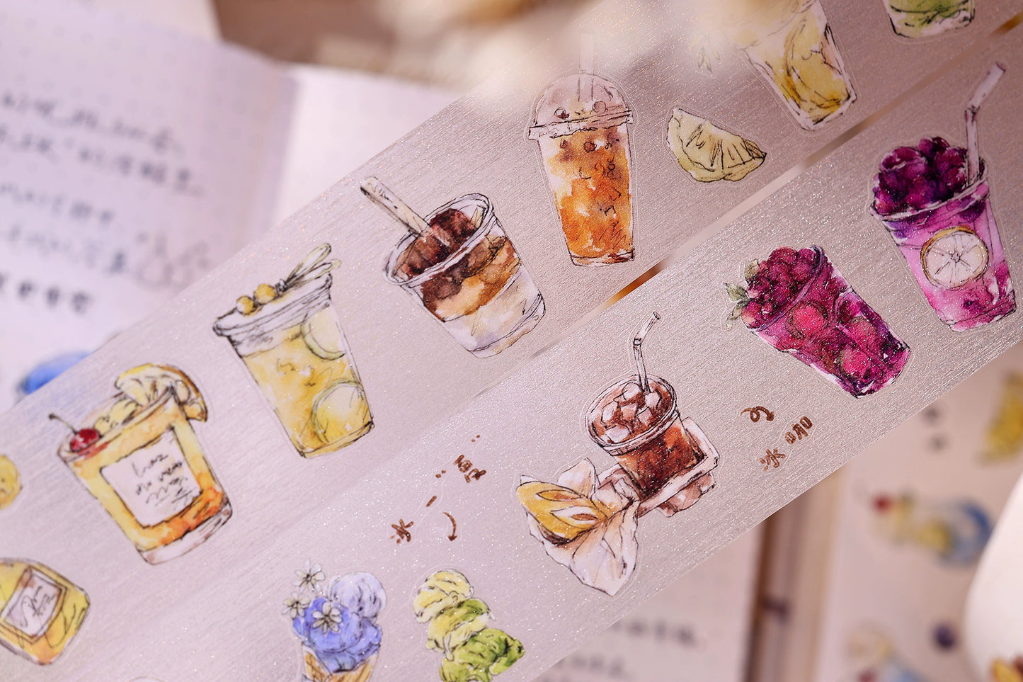 XiaoBaiJia Minimalist Style【Cool Summer】Drink Milk Tea,Pre-cut Light Retro Orginal Design Washi Pet Tape Landscape Stickers