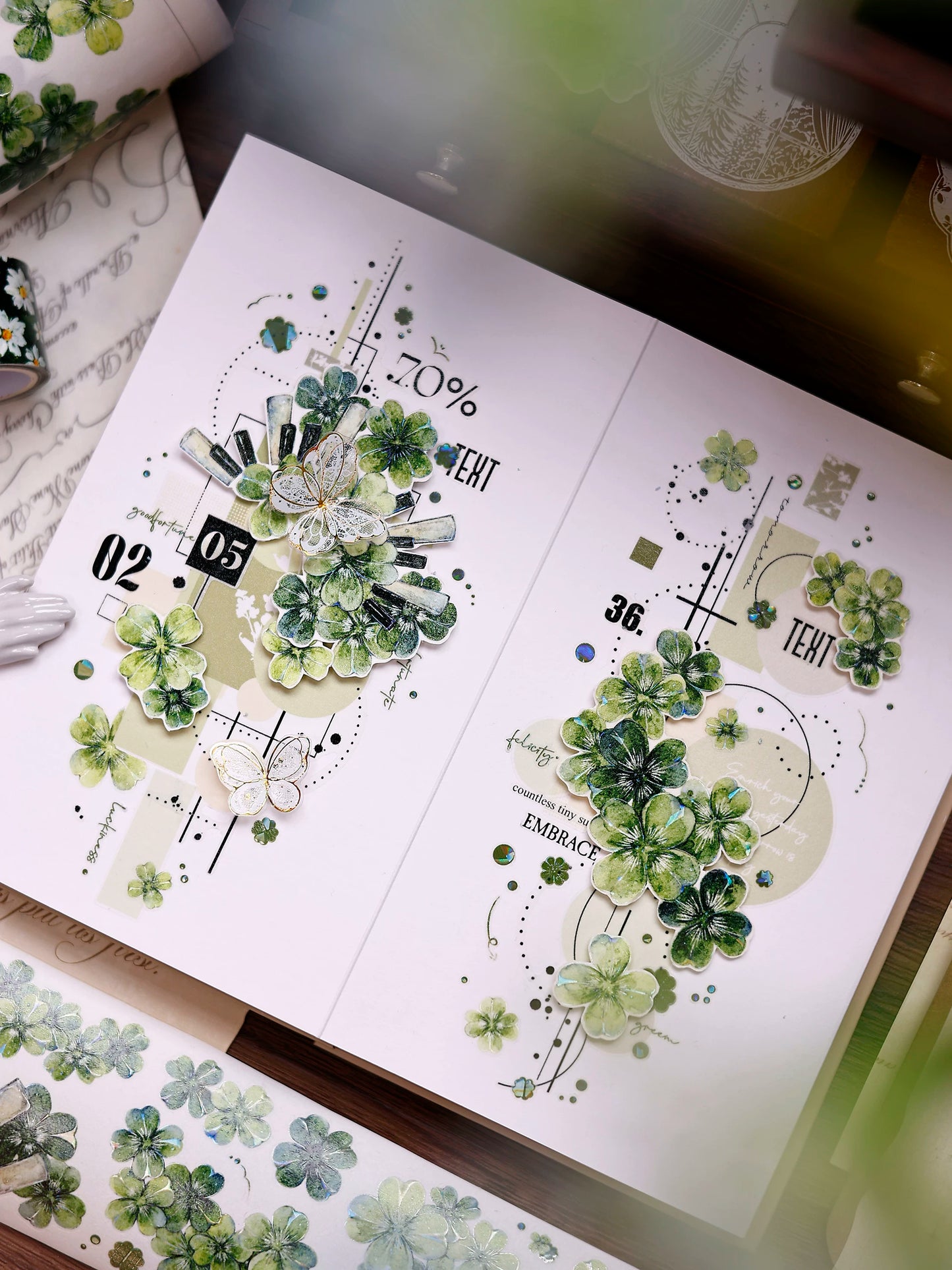 XiaoBaiJia【four-leaf clover】Orginal Design Kiss-cut Washi/Pet Floral Tape Light Retro Landscaping Stickers