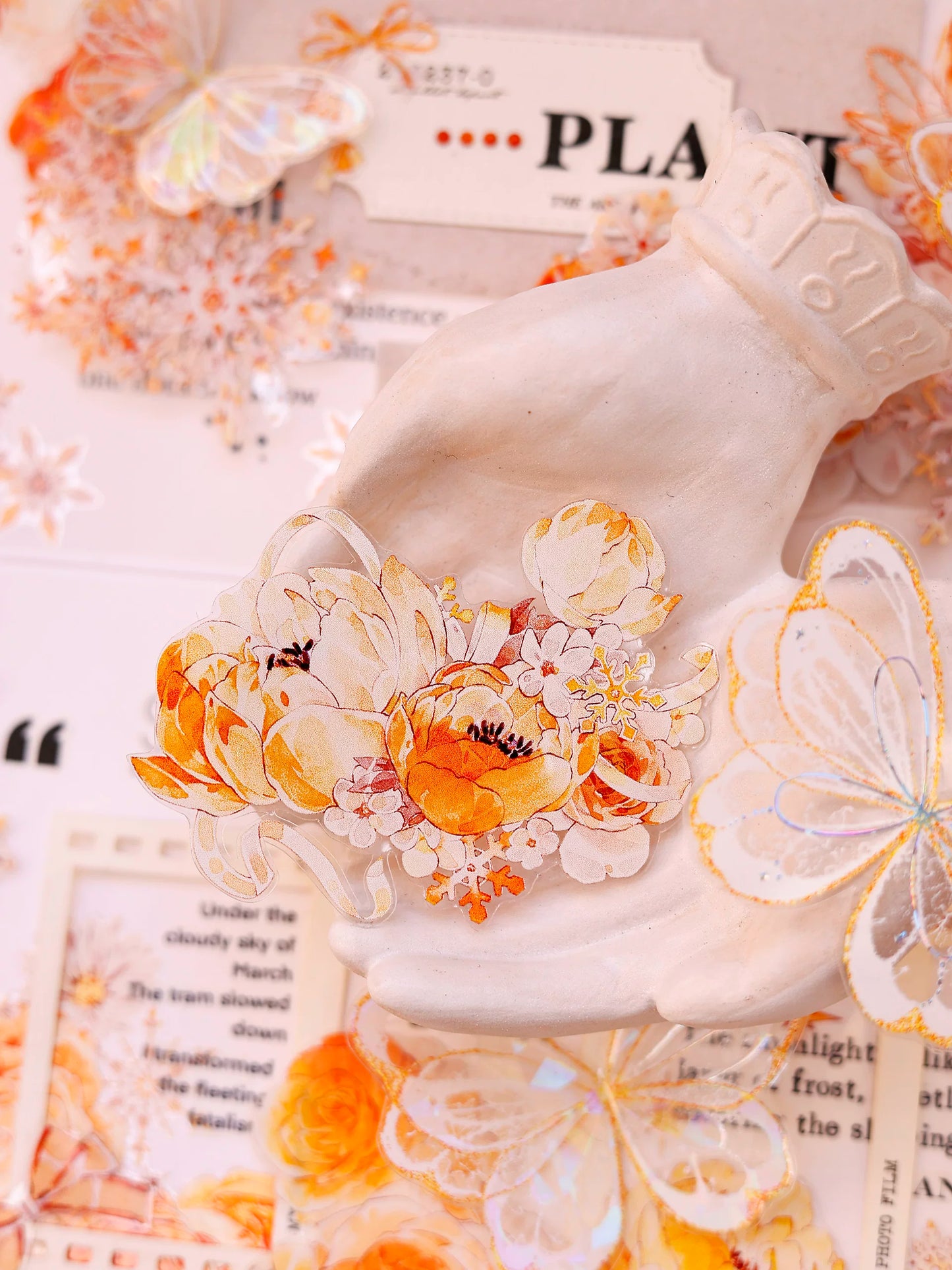 XiaoBaiJia Salt Series【Orange Light Orange Blossom】Orginal Design Kiss-cut Washi/Pet Floral Tape Light Retro Landscaping Stickers