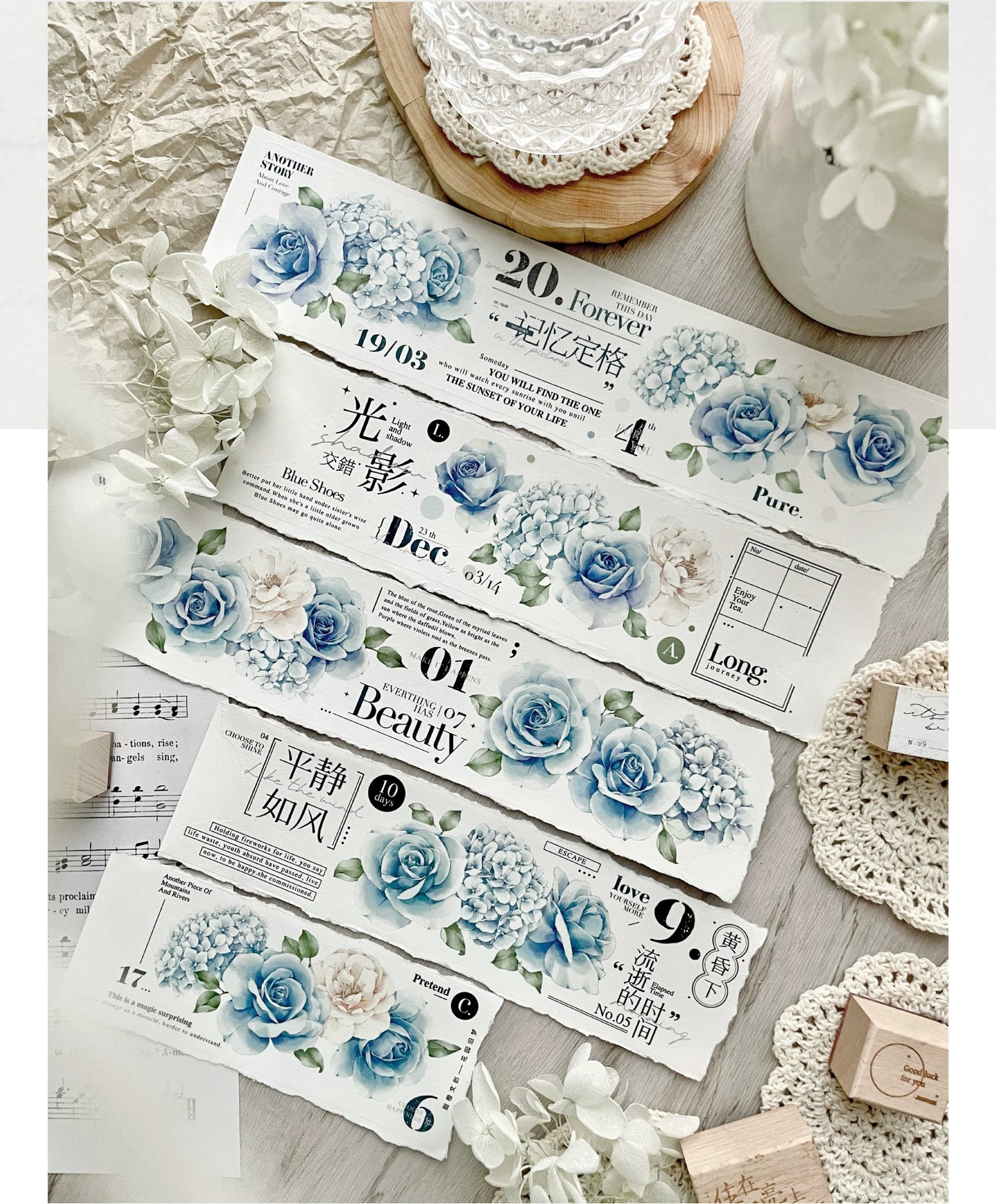 TianCheng-Vol3【Old Dream in the Garden】Floral  and Text Washi/PET Tape,for Scrapbook Supplies,Scrapbook Tape Stickers,Junk Journal Supplies