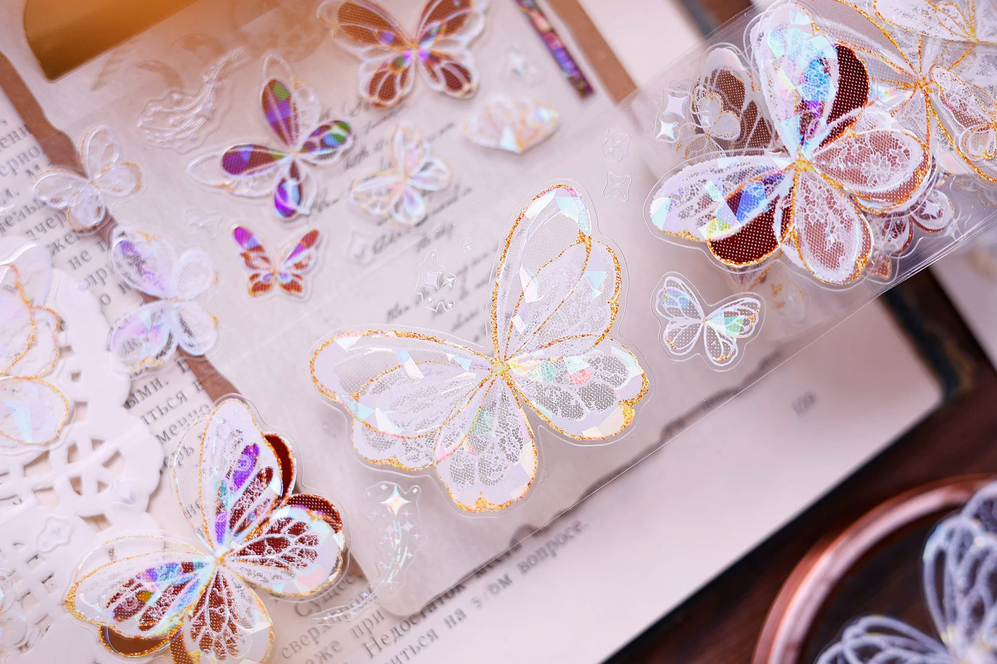 XiaoBaiJia Salt Series【Butterfly Feathers Chasing Light】Orginal Design Kiss-cut Washi/Pet Floral Tape Light Retro Landscaping Stickers