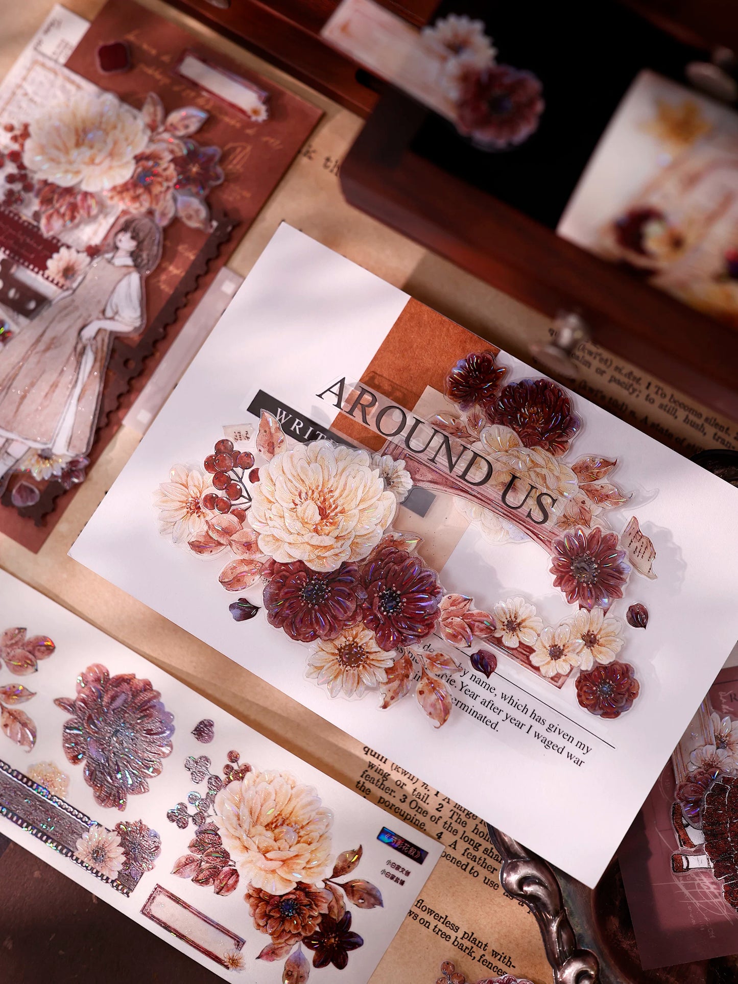 XiaoBaiJia【Peony Shadow Flower Description】Pre-cut Floral Orginal Design Washi Pet Tape Light Retro Stickers