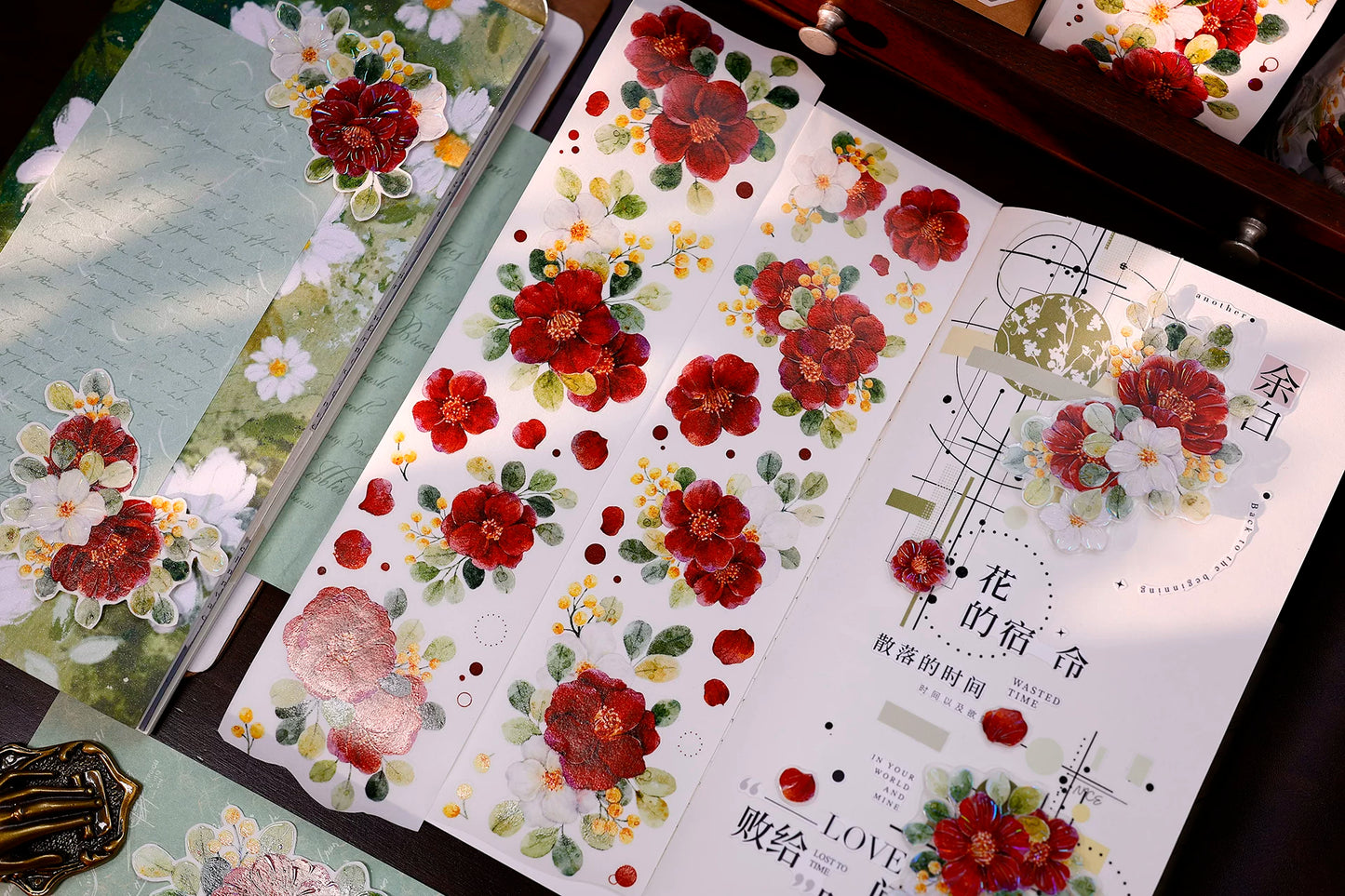 XiaoBaiJia Salt Series【Red Tea for Spring】Pre-cut Orginal Design Red and White Camellia Flowers Washi/Pet Tape Light Retro Stickers