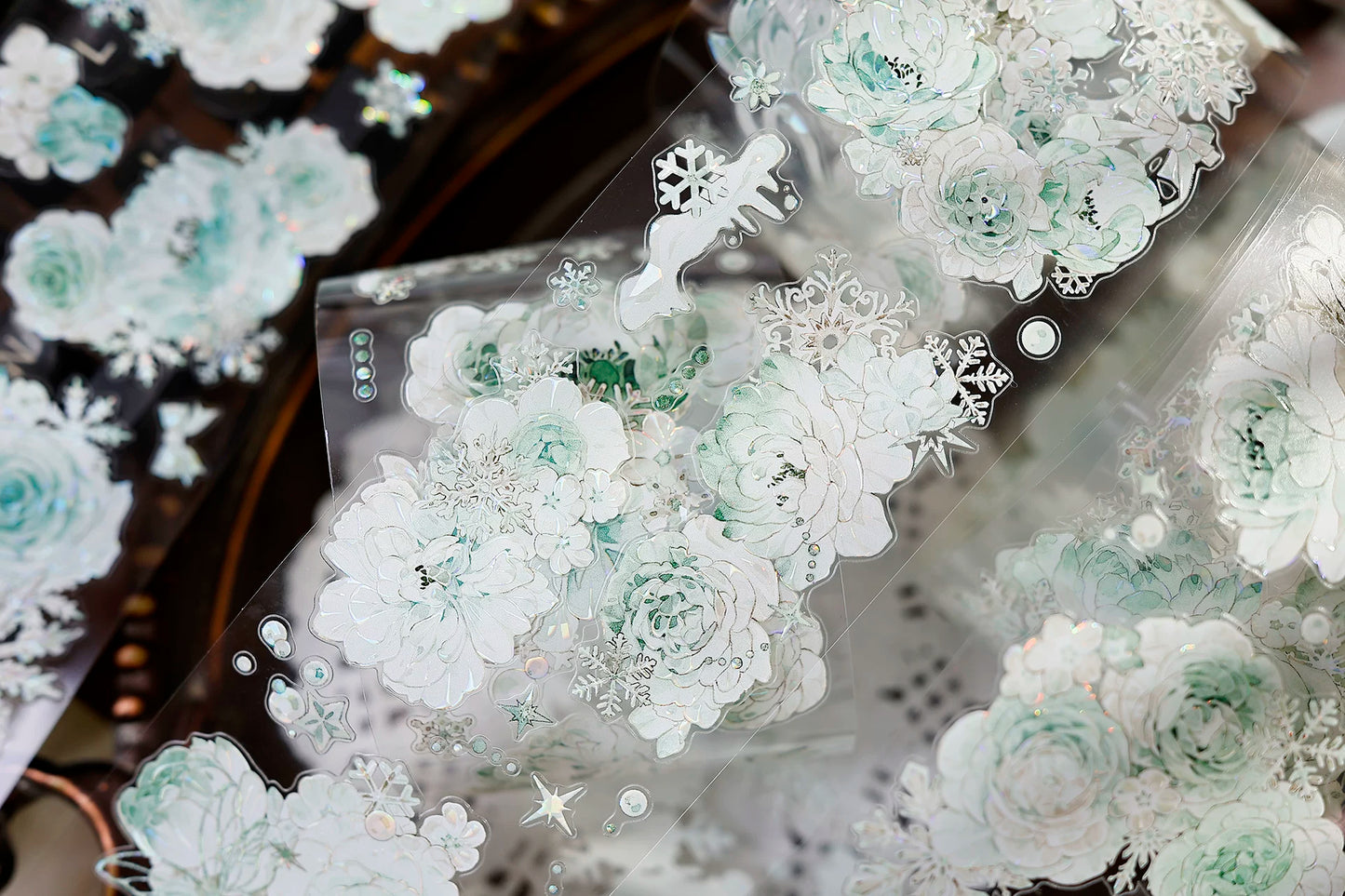 XiaoBaiJia Salt Series【Peppermint Ice】Pre-cut Orginal Design Light Retro Blue and Green Floral Pattern Washi/Pet Tape Light Retro Stickers