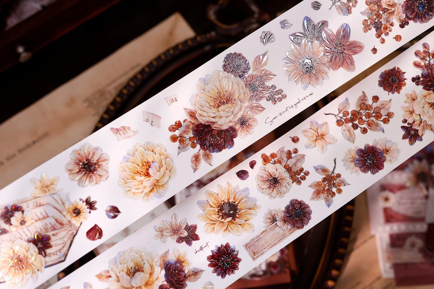 XiaoBaiJia【Peony Shadow Flower Description】Pre-cut Floral Orginal Design Washi Pet Tape Light Retro Stickers