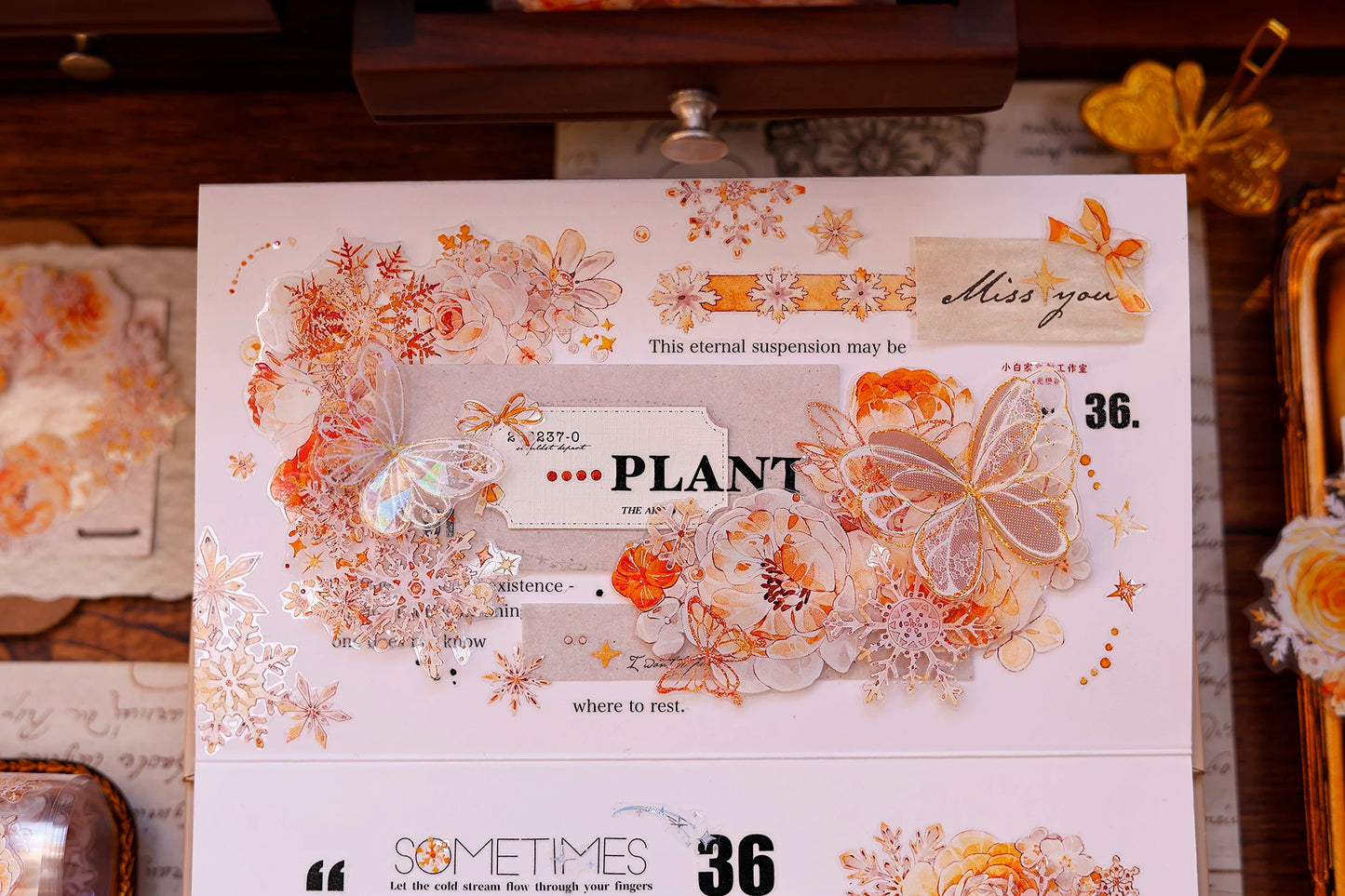 XiaoBaiJia Salt Series【Orange Light Orange Blossom】Orginal Design Kiss-cut Washi/Pet Floral Tape Light Retro Landscaping Stickers