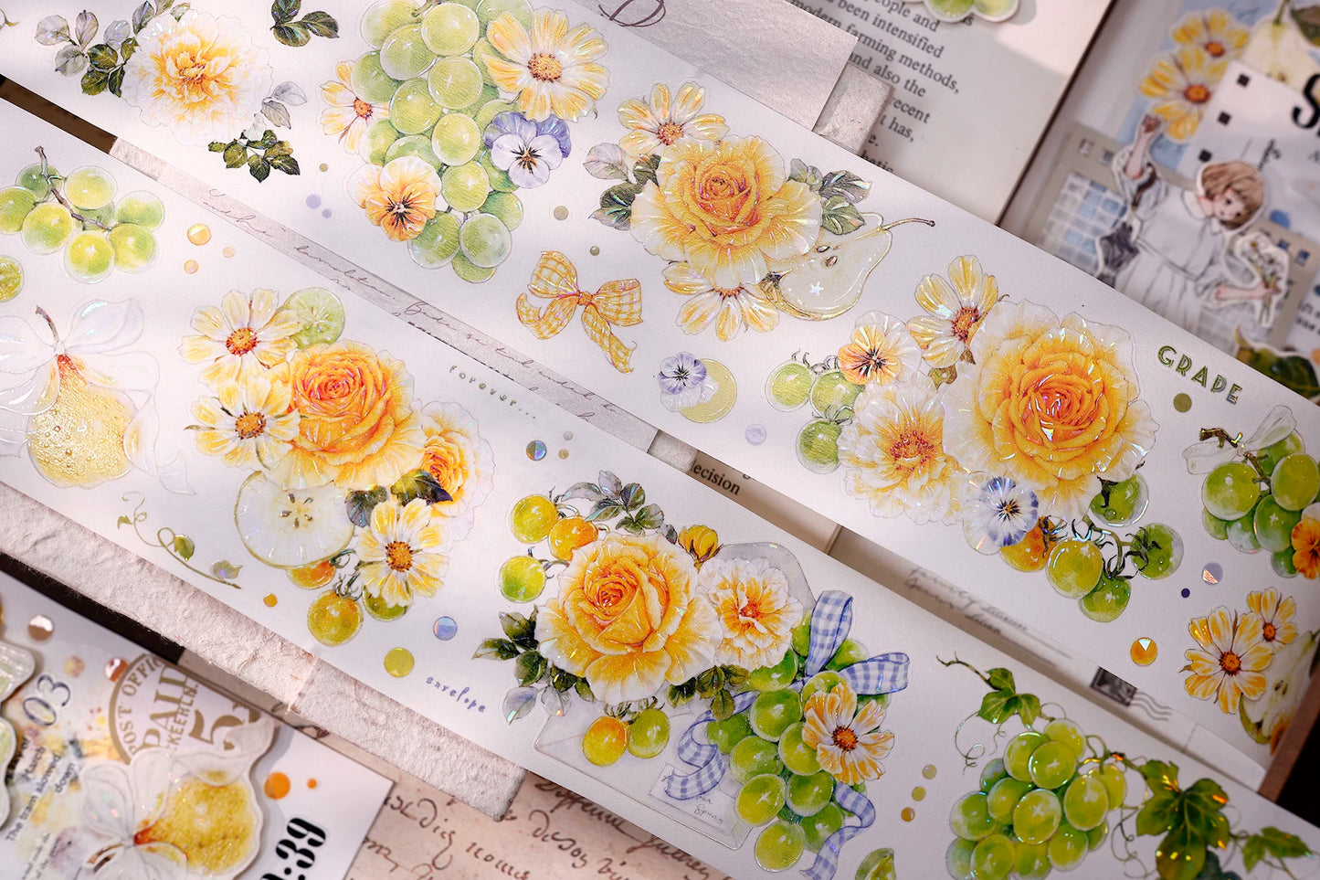 XiaoBaiJia【Green Grape Vine】Pre-cut Floral Orginal Design Washi Pet Tape Light Retro Stickers