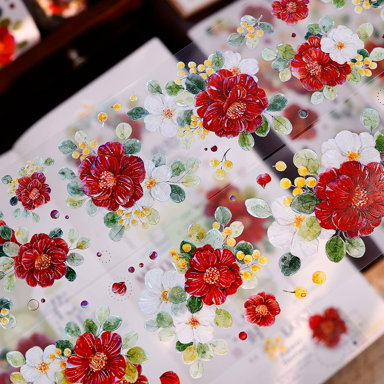 XiaoBaiJia Salt Series【Red Tea for Spring】Pre-cut Orginal Design Red and White Camellia Flowers Washi/Pet Tape Light Retro Stickers