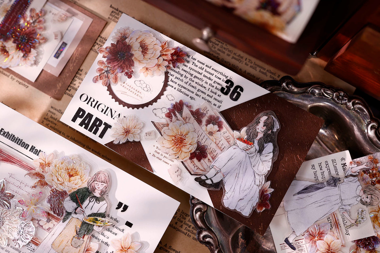 XiaoBaiJia【Peony Shadow Flower Description】Pre-cut Floral Orginal Design Washi Pet Tape Light Retro Stickers