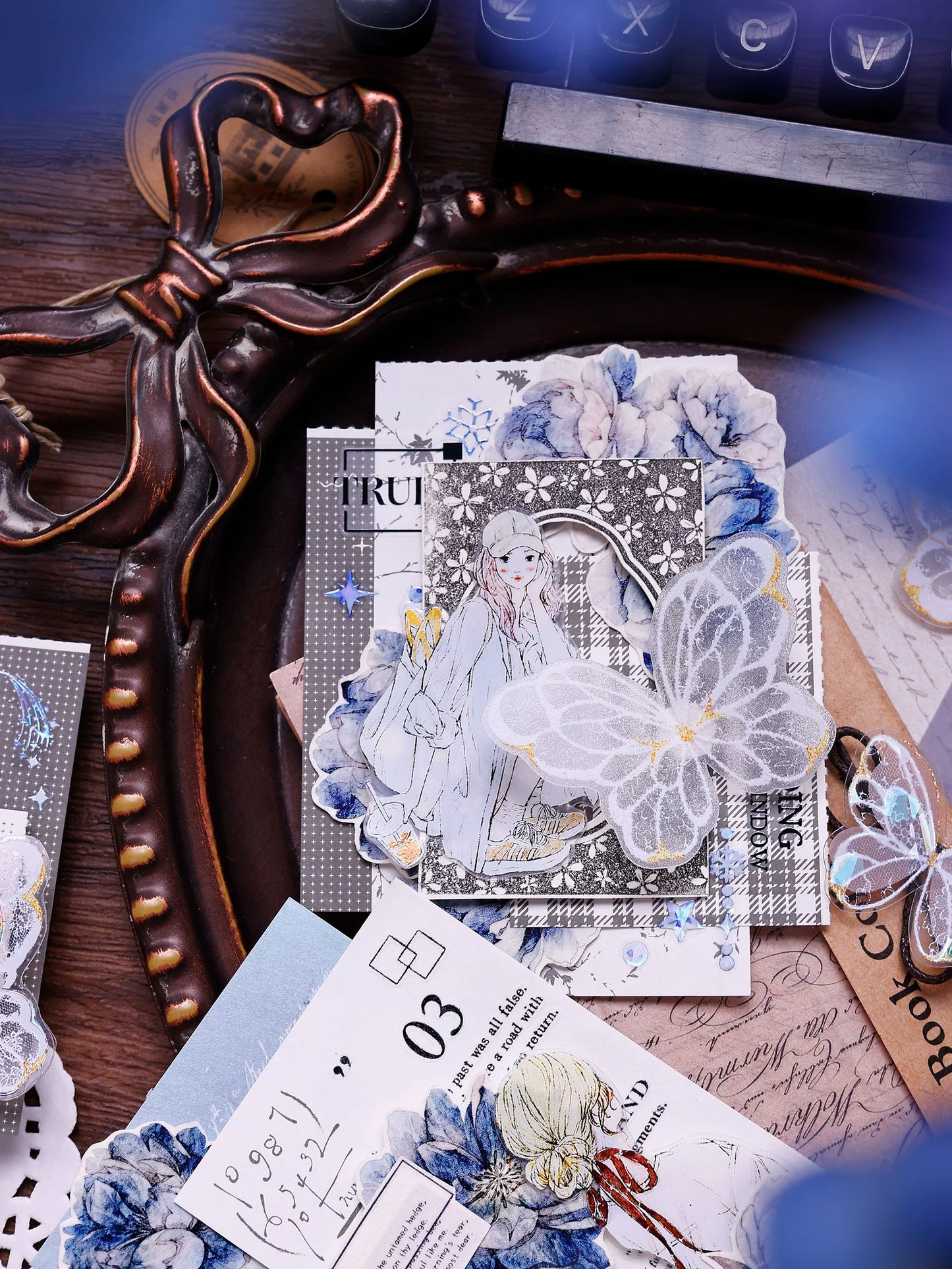 XiaoBaiJia Salt Series【Blue Mirror】Orginal Design Kiss-cut Washi/Pet Floral Tape Light Retro Landscaping Stickers