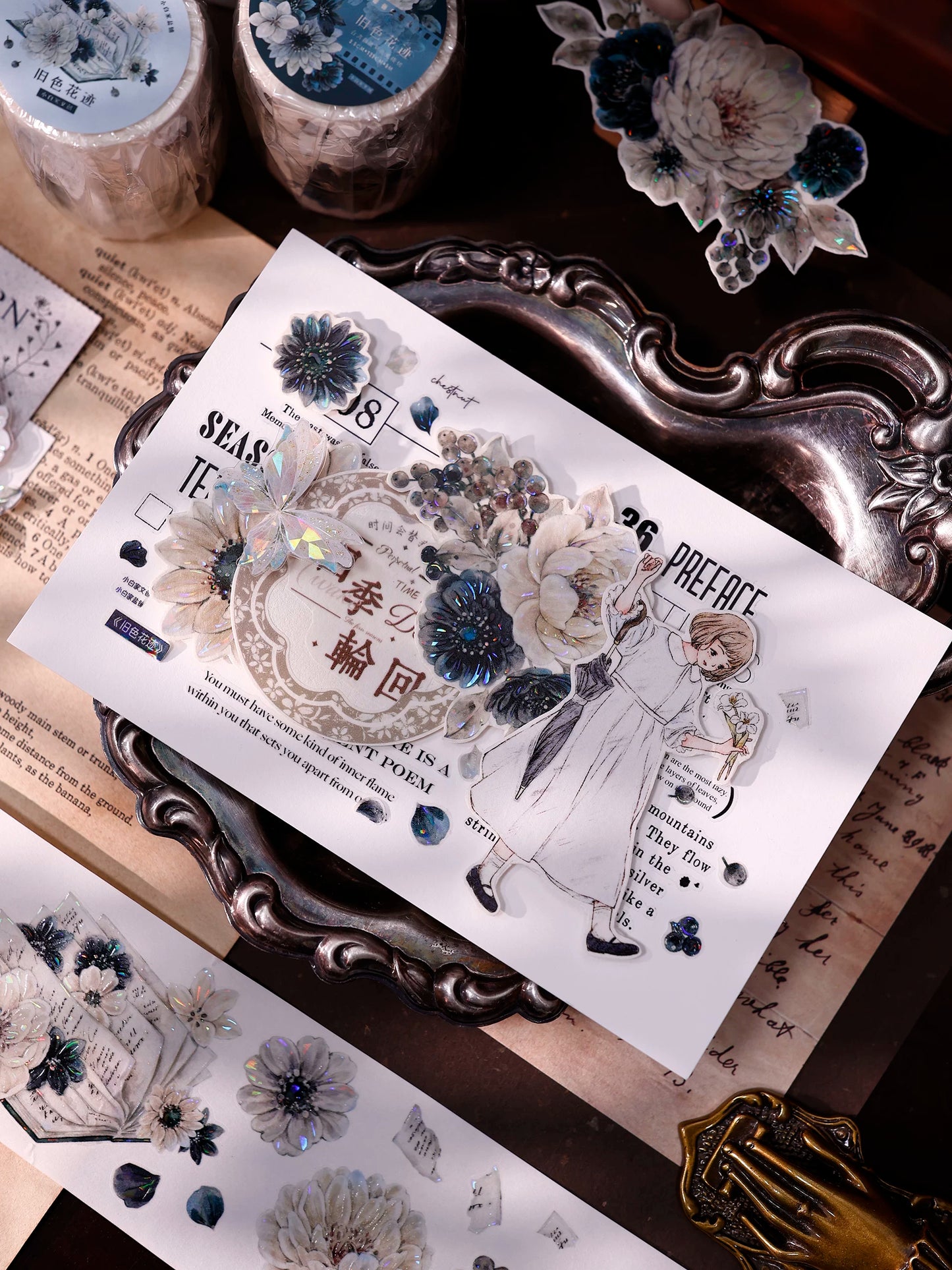 XiaoBaiJia【Old Color Floral Traces】Pre-cut Floral Orginal Design Taiwan Washi Pet Tape Light Retro Stickers