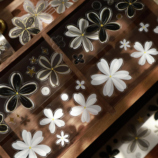 YiEr Vol15【Black and White Flowers】Orginal Design Pre-cut Washi/Pet Floral Tape Light Retro Landscaping Stickers