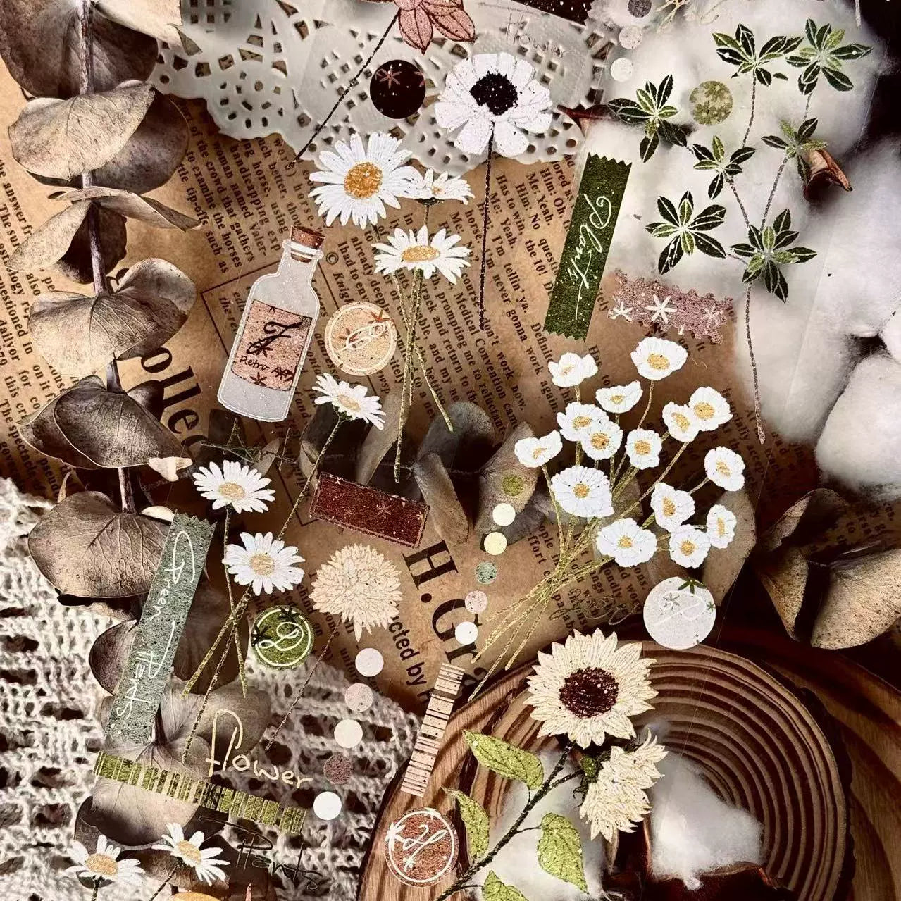 Linlanxi【Hand drawn Flower Collection】 Original New Product Light Retro Bouquet Washi/Pet Tape Long Loop Whole Roll