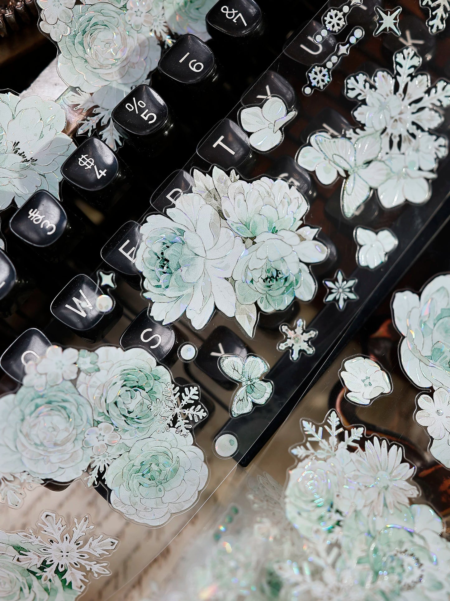 XiaoBaiJia Salt Series【Peppermint Ice】Pre-cut Orginal Design Light Retro Blue and Green Floral Pattern Washi/Pet Tape Light Retro Stickers