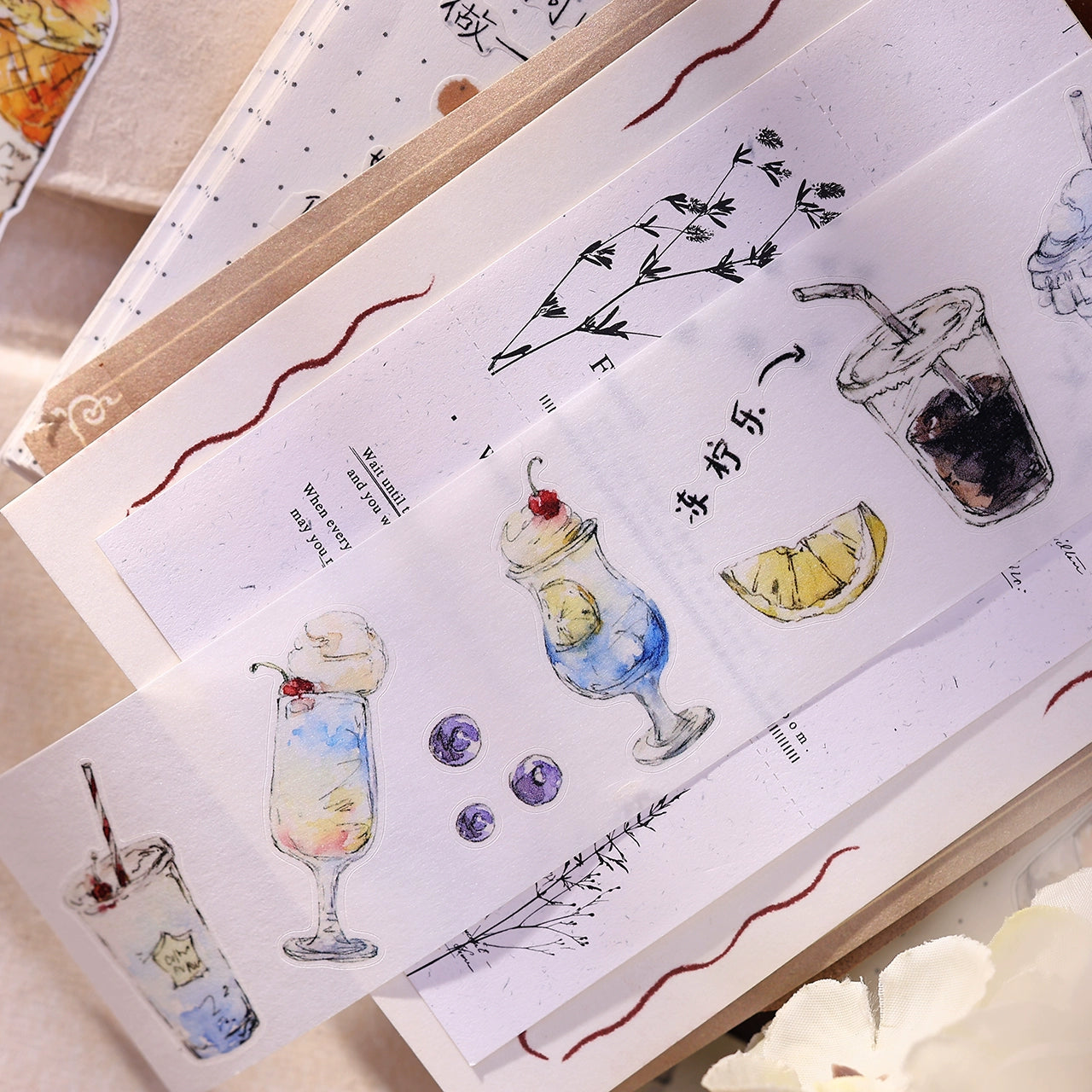 XiaoBaiJia Minimalist Style【Cool Summer】Drink Milk Tea,Pre-cut Light Retro Orginal Design Washi Pet Tape Landscape Stickers