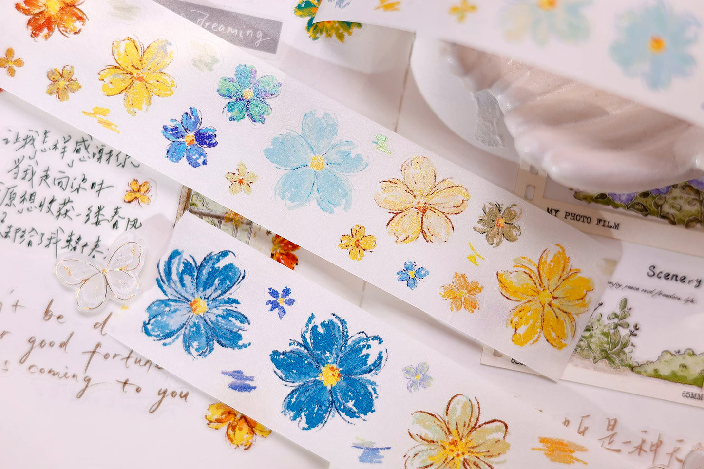 XiaoBaiJia Salt Series【Shallow Salt Flower Town】Pre-cut Orginal Design Flora Washi/Pet Tape Light Retro Stickers