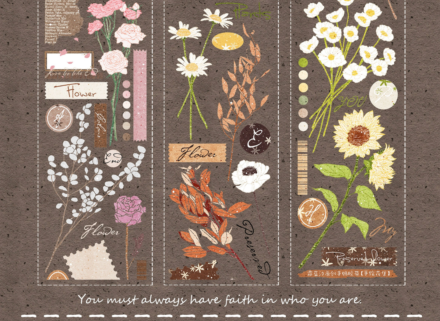 Linlanxi【Hand drawn Flower Collection】 Original New Product Light Retro Bouquet Washi/Pet Tape Long Loop Whole Roll