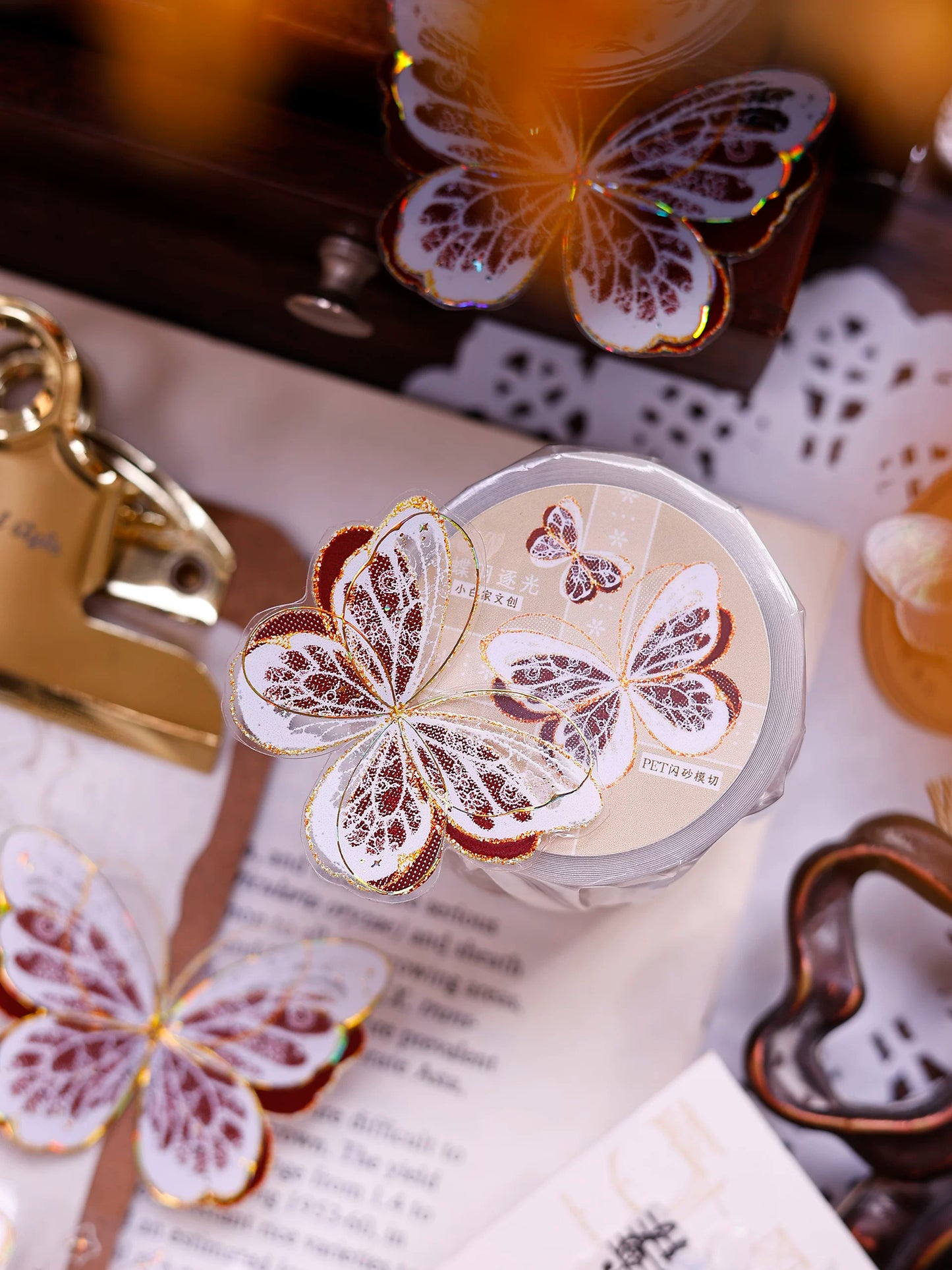 XiaoBaiJia Salt Series【Butterfly Feathers Chasing Light】Orginal Design Kiss-cut Washi/Pet Floral Tape Light Retro Landscaping Stickers