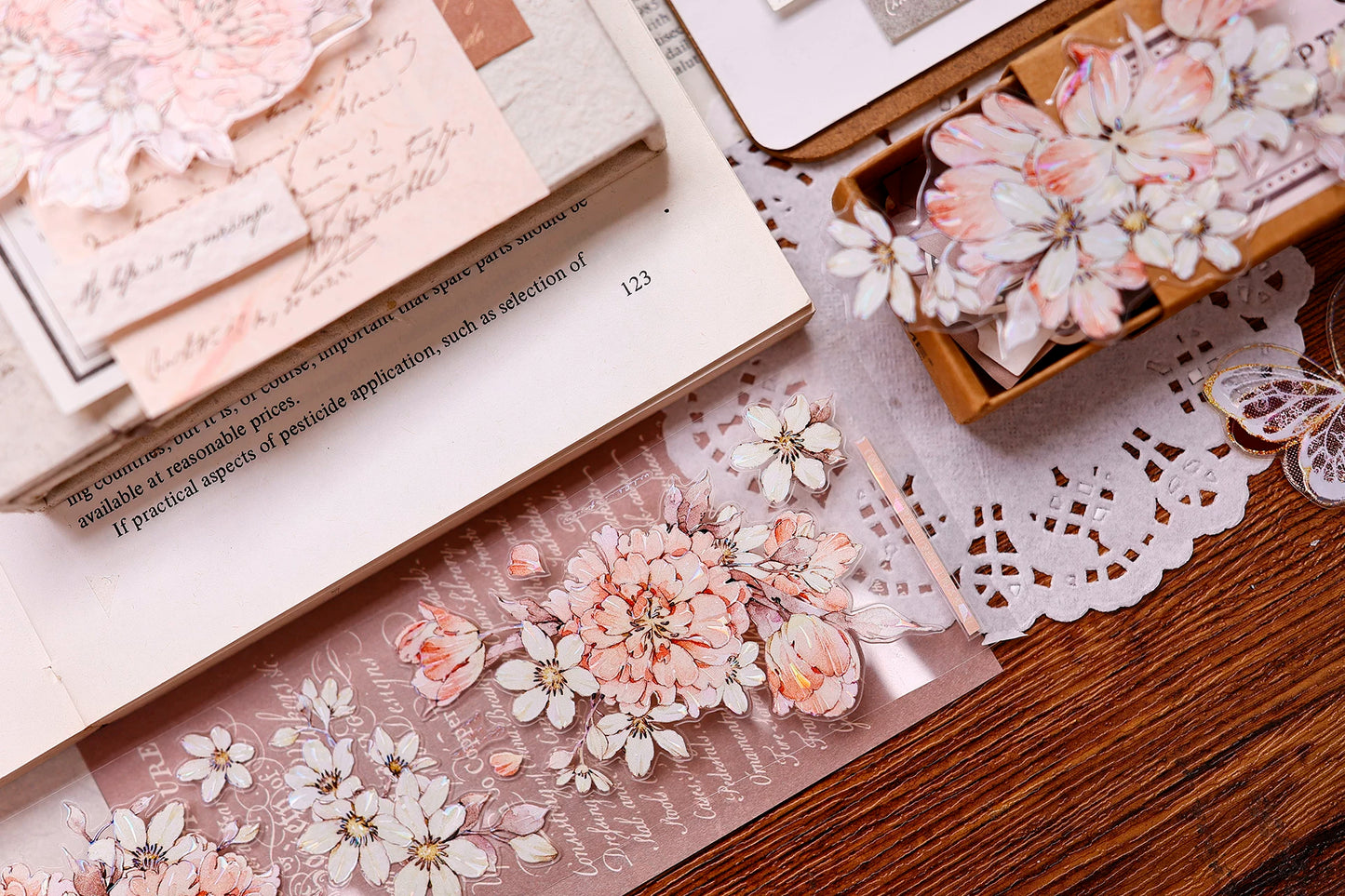XiaoBaiJia Salt Series【Orange Shadow】Pre-cut Orginal Design Vintage Peony Flowers Washi/Pet Tape Light Retro Stickers
