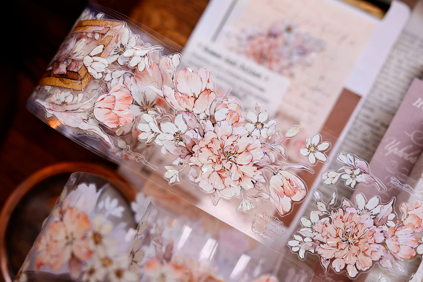 XiaoBaiJia Salt Series【Orange Shadow】Pre-cut Orginal Design Vintage Peony Flowers Washi/Pet Tape Light Retro Stickers