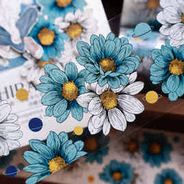 YiEr Vol14【Van Gogh Gardens】Blue Chrysanthemum Floral Washi Tape and PET Stickers