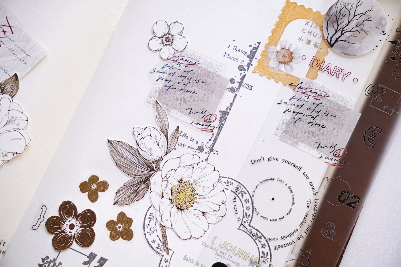 YuanZi Vol7【Sepia Letters】Orginal Design Washi/Pet English Text Tape Light Retro Stickers,for Scrapbook Supplies,Scrapbook Tape Stickers,Junk Journal Supplies