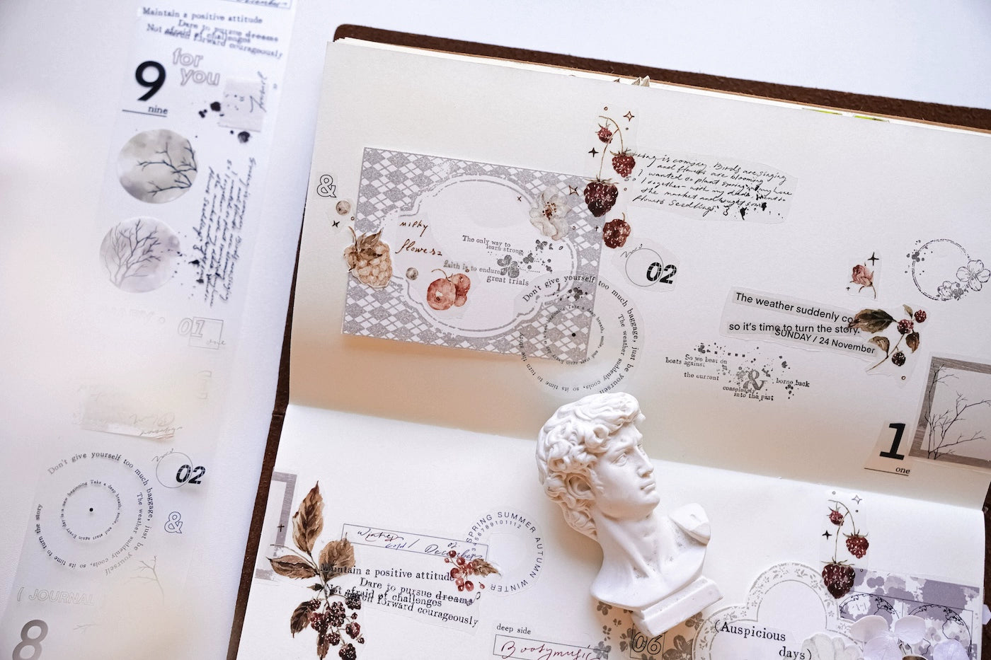 YuanZi Vol7【Sepia Letters】Orginal Design Washi/Pet English Text Tape Light Retro Stickers,for Scrapbook Supplies,Scrapbook Tape Stickers,Junk Journal Supplies