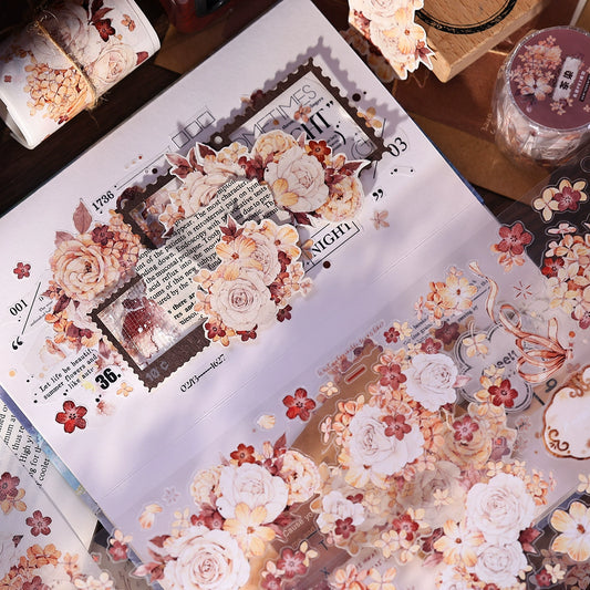 XiaoBaiJia【Tea Dyeing】Light Retro Flowers Orginal Design Washi Pet Tape Stickers