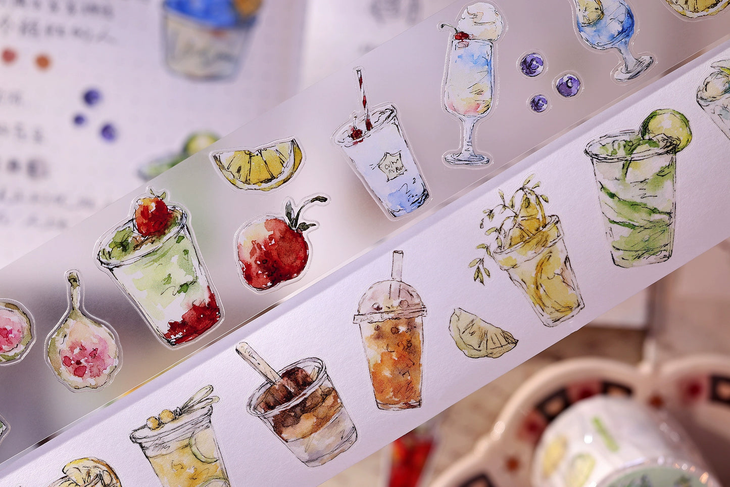 XiaoBaiJia Minimalist Style【Cool Summer】Drink Milk Tea,Pre-cut Light Retro Orginal Design Washi Pet Tape Landscape Stickers