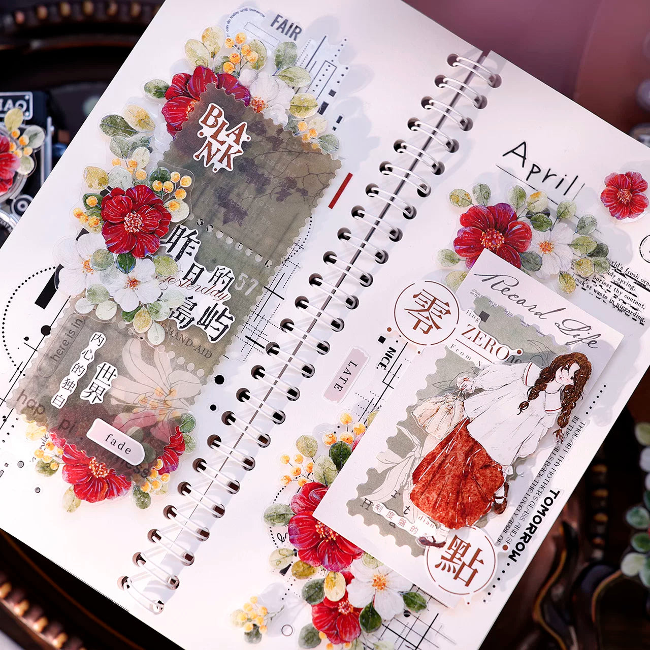 XiaoBaiJia Salt Series【Red Tea for Spring】Pre-cut Orginal Design Red and White Camellia Flowers Washi/Pet Tape Light Retro Stickers