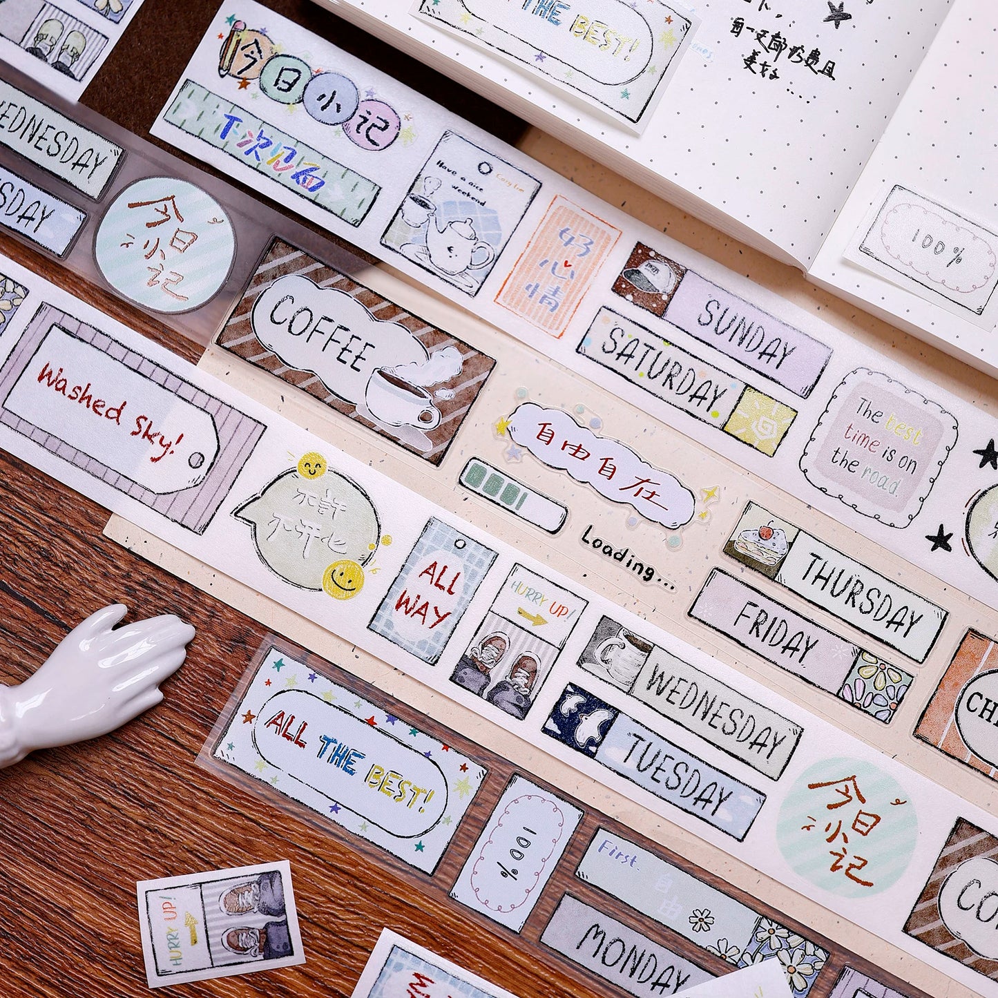 XiaoBaiJia Salt Series【Many Signs】Pre-cut Orginal Design Handwritten Chinese and English Word Borders Washi/Pet Tape Light Retro Stickers