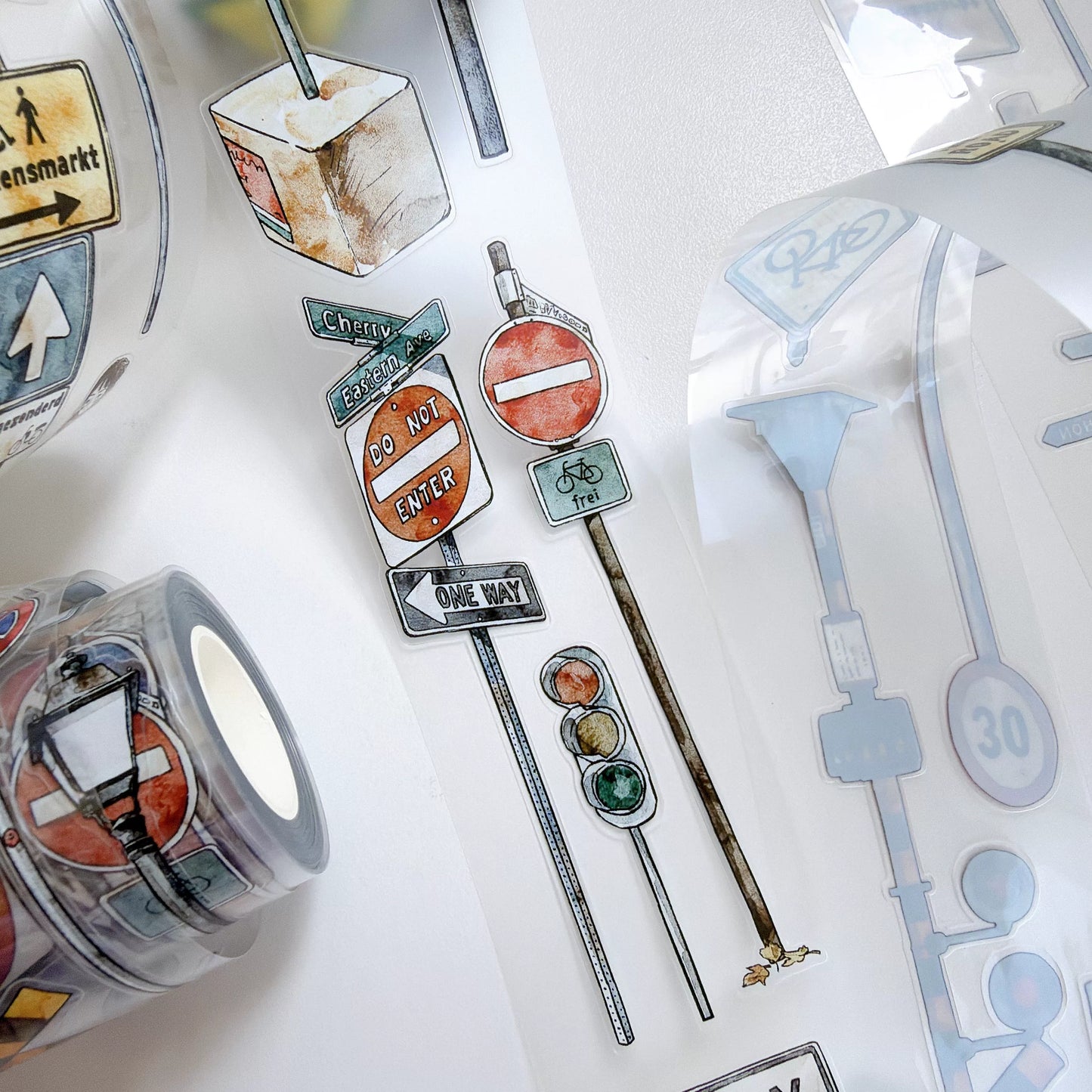 Kaixiaoxun Vol13【Road Sign】 Pre-Cut Long Loop Washi/Matte PET Tape for Scrapbook Supplies,Junk Journal Supplies