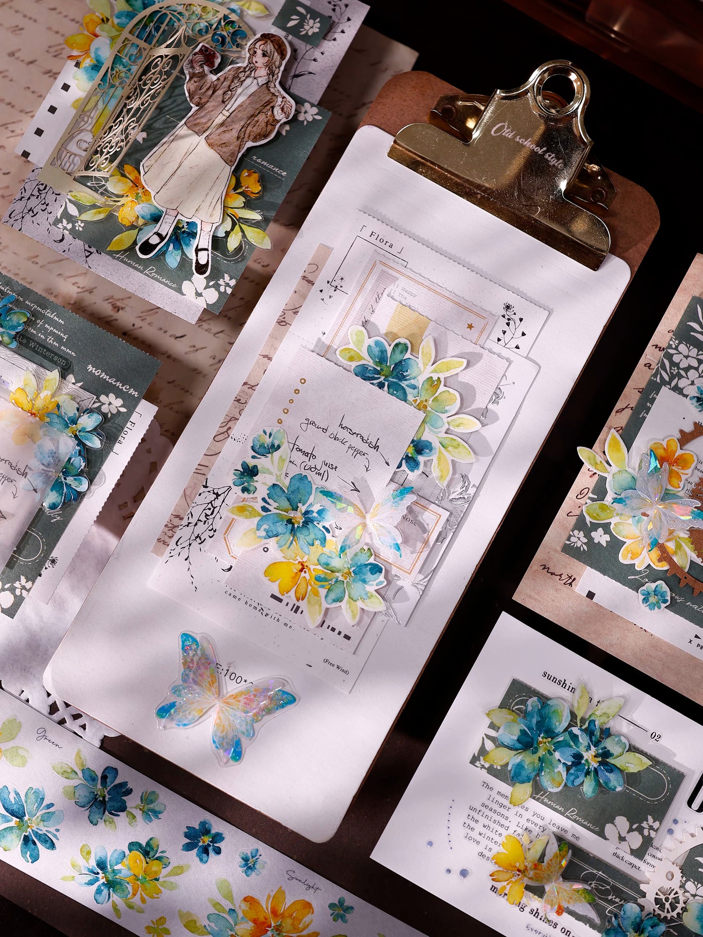 XiaoBaiJia【Picking Up Blue】Pre-cut Floral Orginal Design Washi Pet Tape Light Retro Stickers