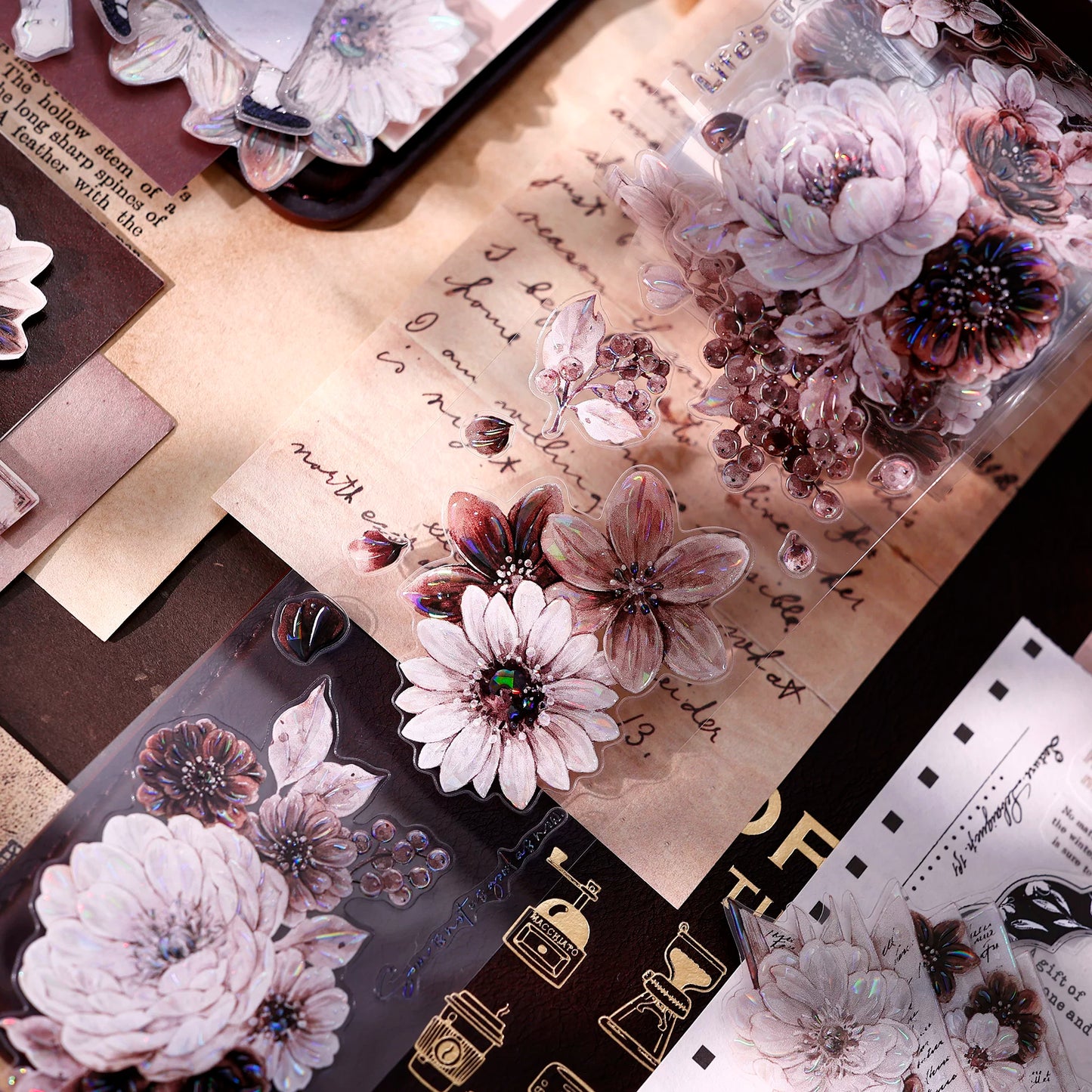 XiaoBaiJia【Brown Shadow Old Paper】Pre-cut Floral Orginal Design Washi Pet Tape Light Retro Stickers