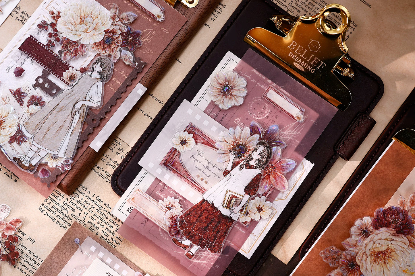 XiaoBaiJia【Peony Shadow Flower Description】Pre-cut Floral Orginal Design Washi Pet Tape Light Retro Stickers