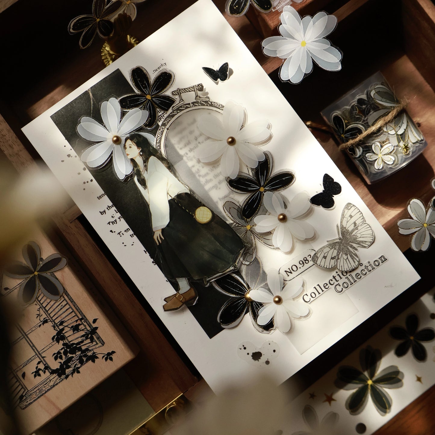 YiEr Vol15【Black and White Flowers】Orginal Design Pre-cut Washi/Pet Floral Tape Light Retro Landscaping Stickers