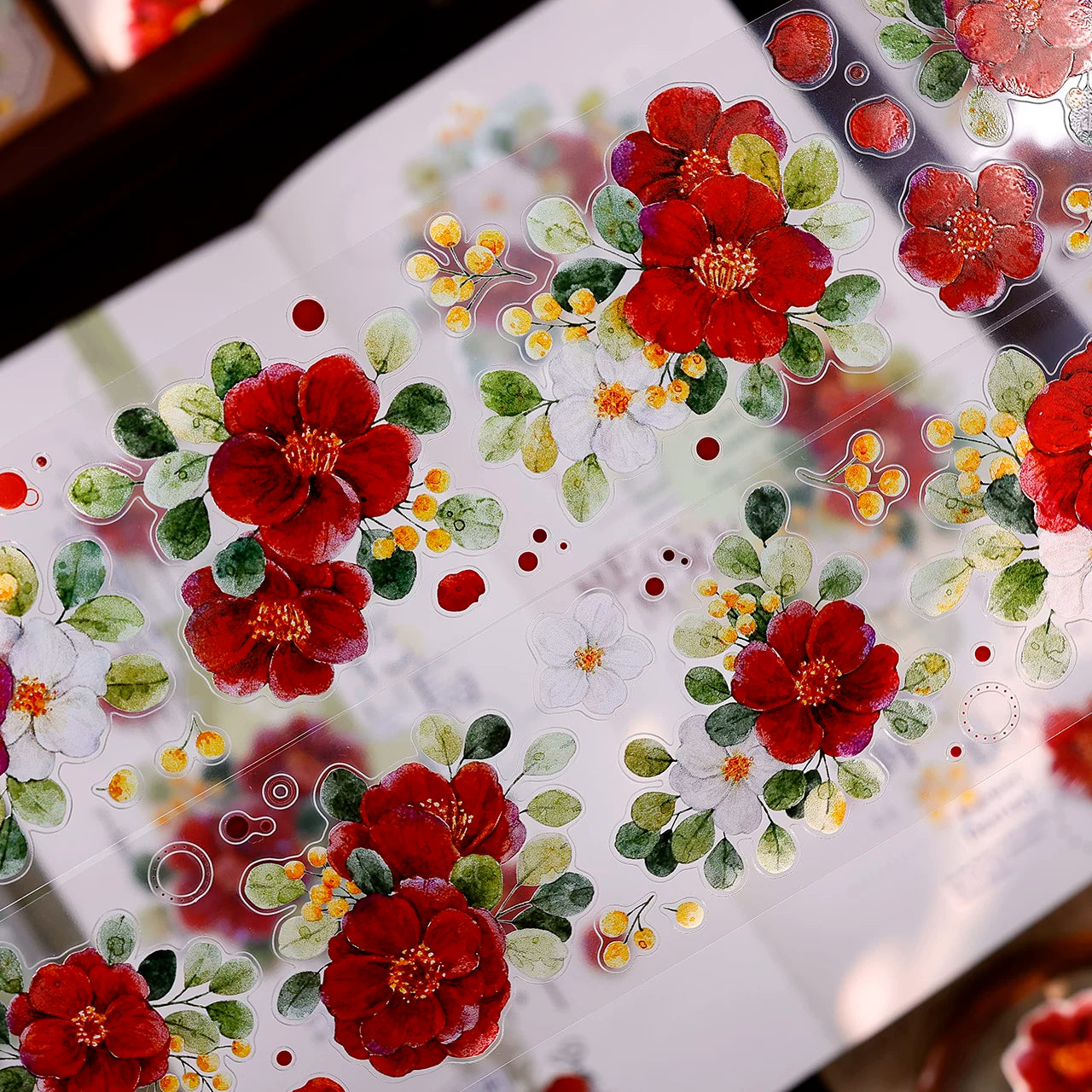 XiaoBaiJia Salt Series【Red Tea for Spring】Pre-cut Orginal Design Red and White Camellia Flowers Washi/Pet Tape Light Retro Stickers