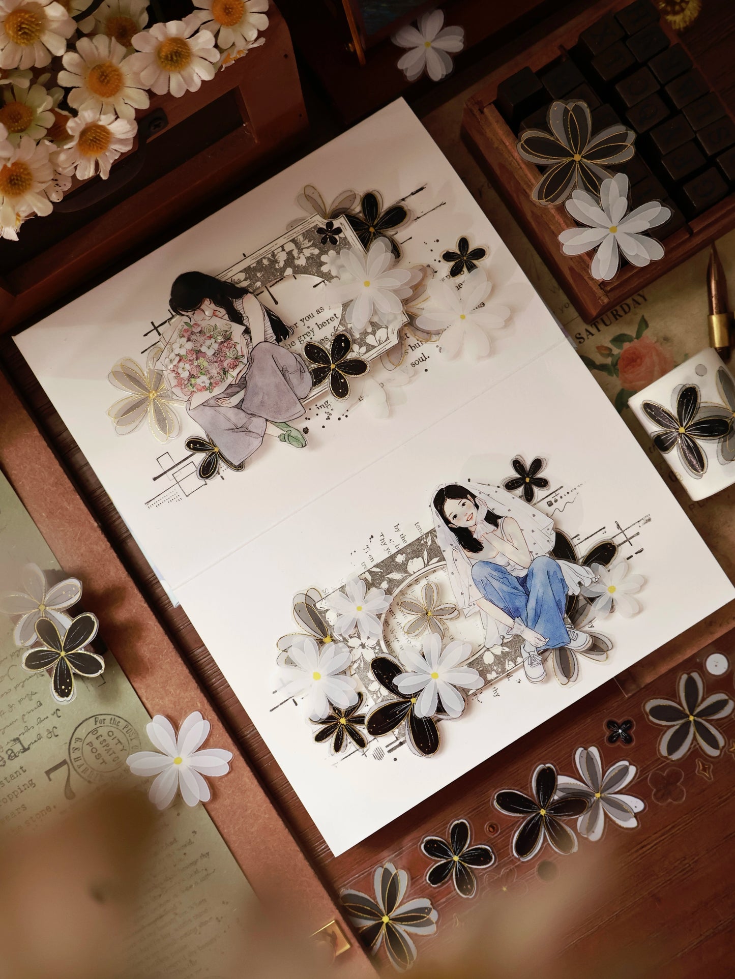 YiEr Vol15【Black and White Flowers】Orginal Design Pre-cut Washi/Pet Floral Tape Light Retro Landscaping Stickers