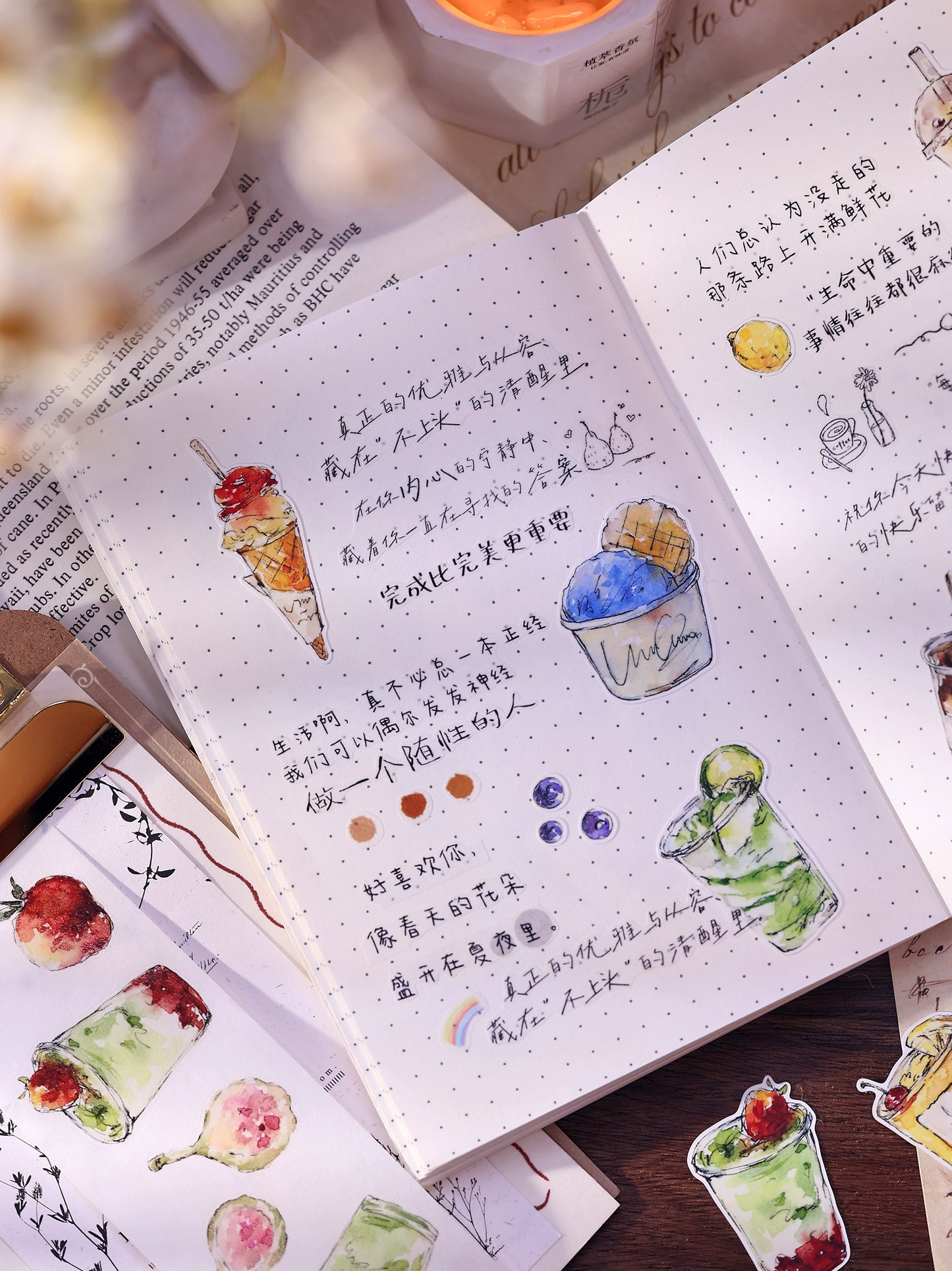 XiaoBaiJia Minimalist Style【Cool Summer】Drink Milk Tea,Pre-cut Light Retro Orginal Design Washi Pet Tape Landscape Stickers
