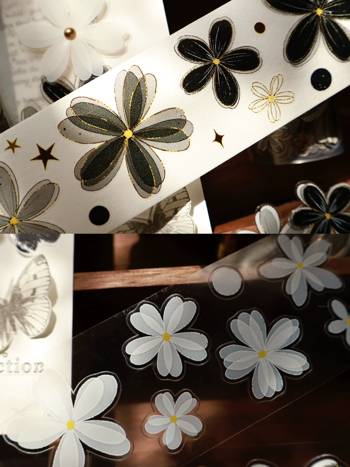 YiEr Vol15【Black and White Flowers】Orginal Design Pre-cut Washi/Pet Floral Tape Light Retro Landscaping Stickers