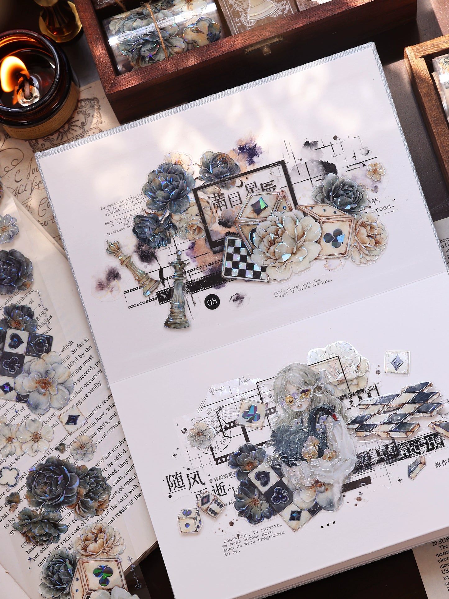 XiaoBaiJia【Black and White Dream】Light Retro  Rose Black and White Follower Orginal Design Washi Pet Tape Landscaping Stickers