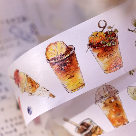 XiaoBaiJia Minimalist Style【Cool Summer】Drink Milk Tea,Pre-cut Light Retro Orginal Design Washi Pet Tape Landscape Stickers