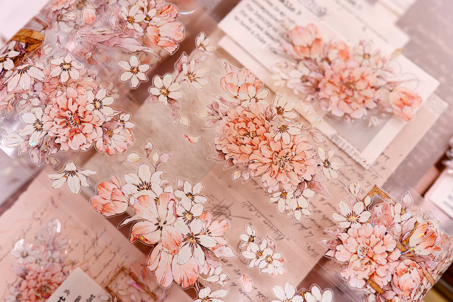XiaoBaiJia Salt Series【Orange Shadow】Pre-cut Orginal Design Vintage Peony Flowers Washi/Pet Tape Light Retro Stickers