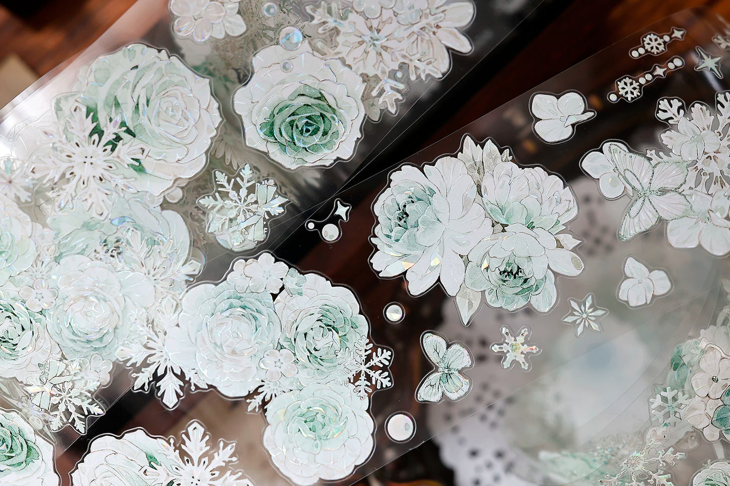 XiaoBaiJia Salt Series【Peppermint Ice】Pre-cut Orginal Design Light Retro Blue and Green Floral Pattern Washi/Pet Tape Light Retro Stickers