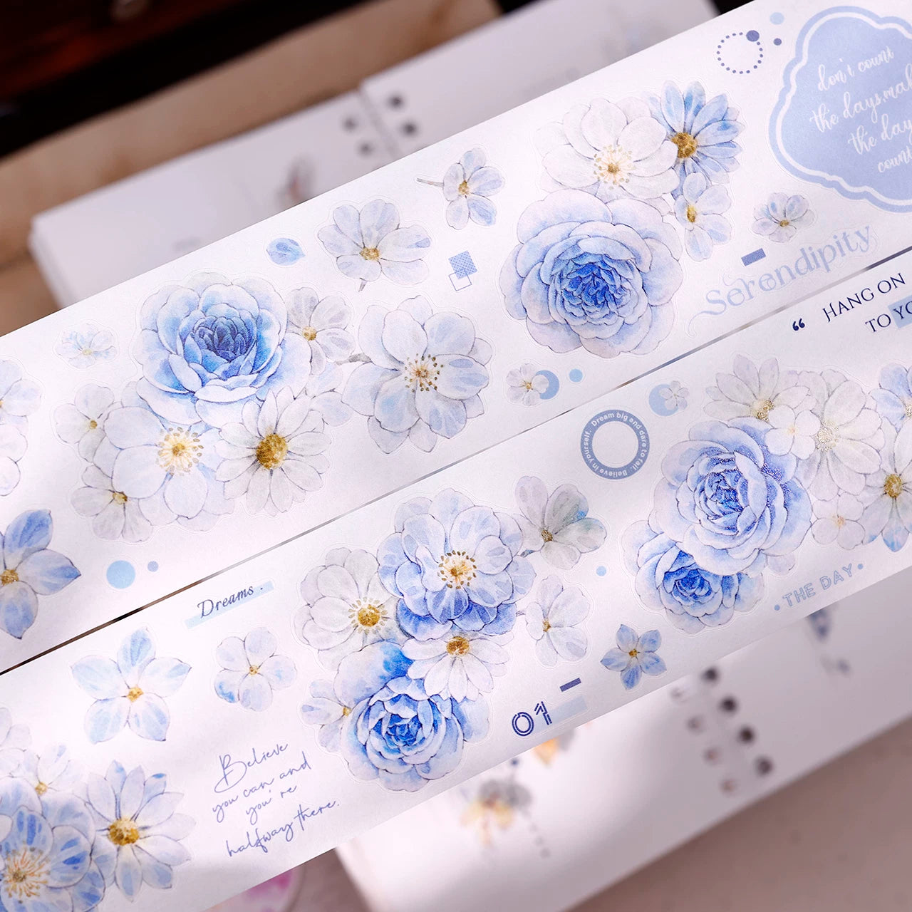 XiaoBaiJia【Light Blue Floral Trace】Orginal Design Floral Washi Pet Tape Light Retro Landscaping Stickers